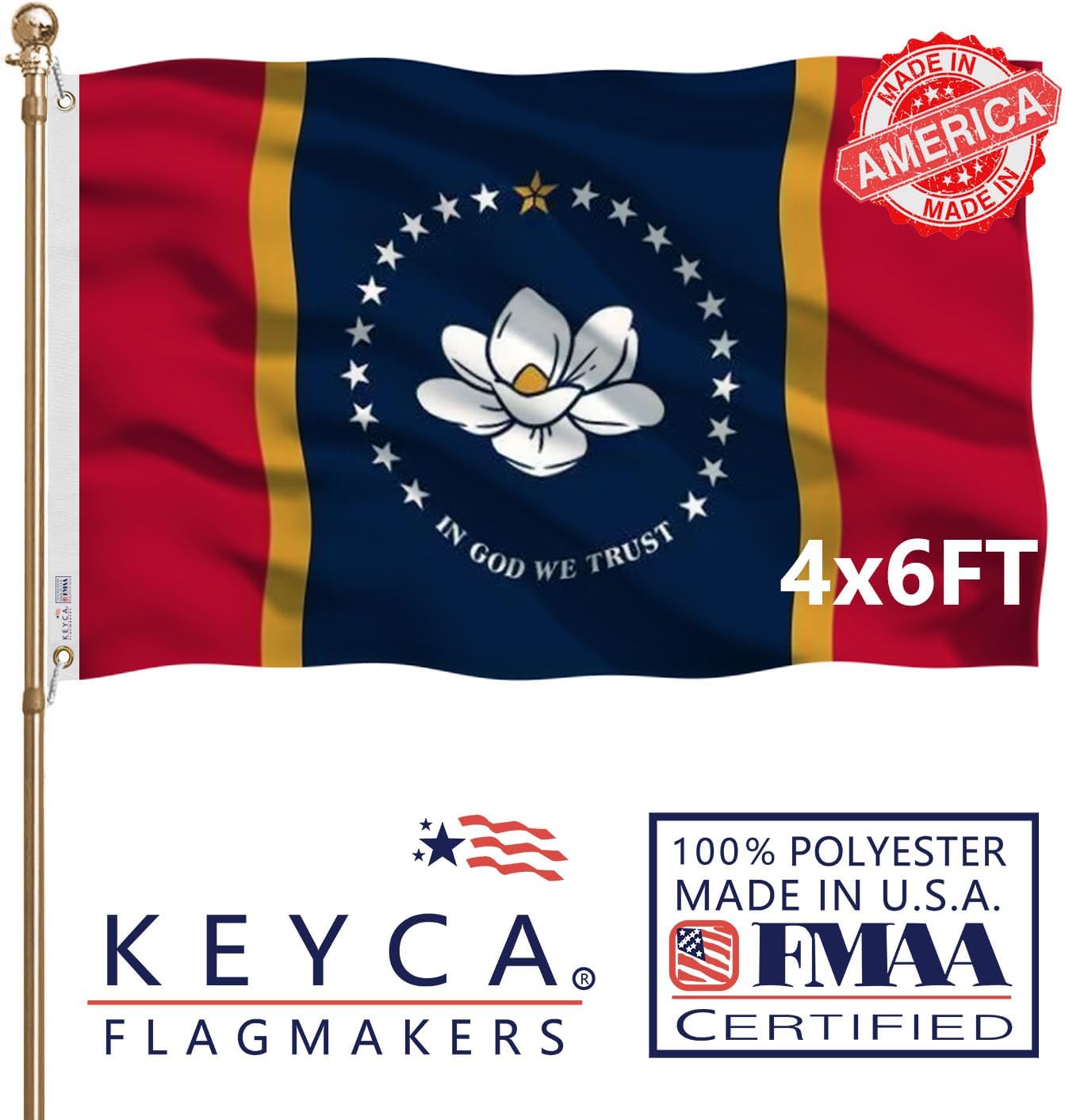 KEYCA Mississippi Flag 4x6 FT 100% Made in The USA-Heavy Duty Vibrant Colors Double Sided Mississippi State Magnolia Flag with 2 Brass Grommets for Home/Company/Indoor Outdoor Decoration