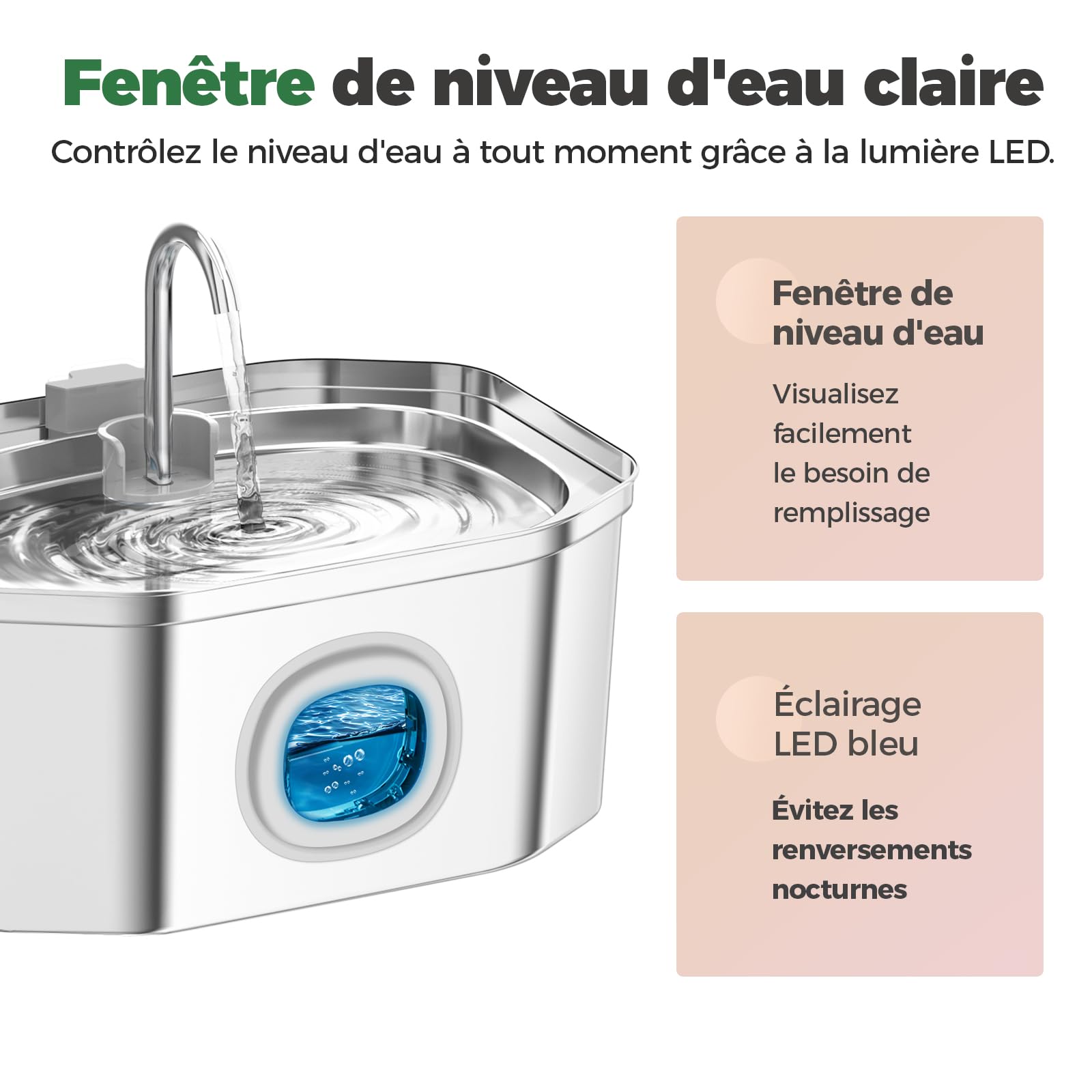 Fontaine a Eau Chat INOX, Apauk 3.2L Fontaine à Eau Chat,Fontaine Chats silencieuse,LED fenêtre, sont faciles à Nettoyer, Fontaine a Eau Petit Chien (Lot de 2 éponges et filtres)