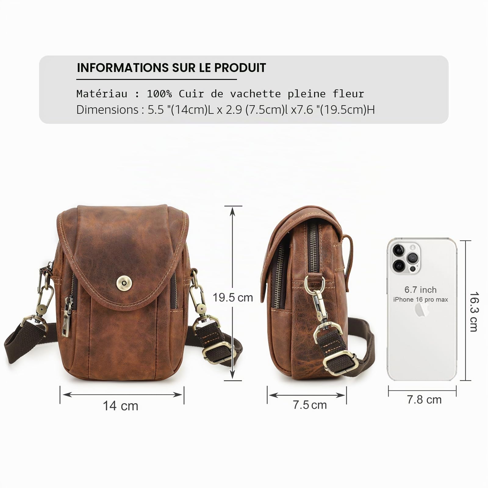 Contacts Petit sac à bandoulière en cuir pour homme avec sangle réglable, café, 14.0 X 7.5 X 19.5 Centimeters, Rétro