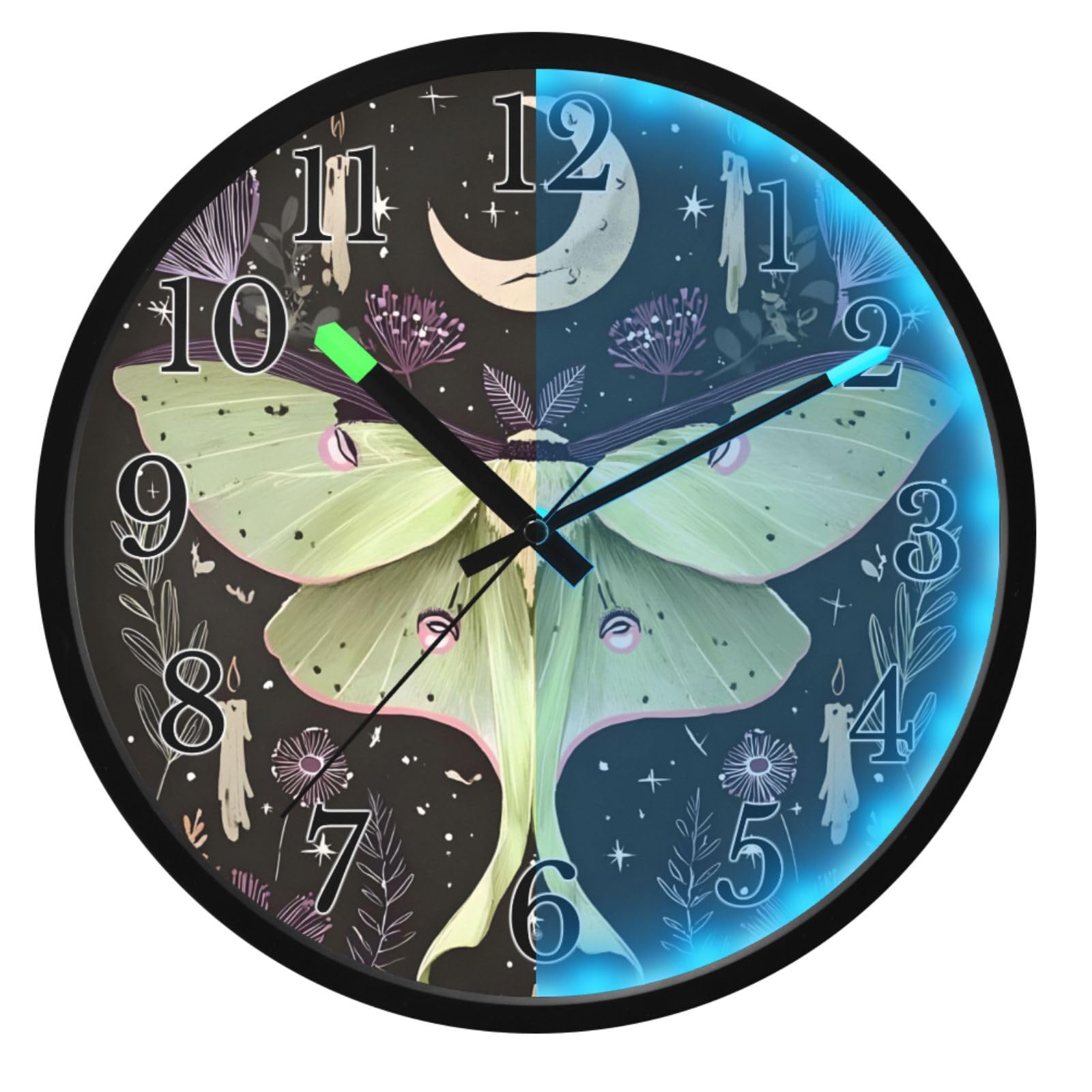 Mnsruu Reloj de pared luminoso verde luna, polilla, flores, estrellas, reloj de pared que brilla en la oscuridad, funciona con pilas, 12 pulgadas, silencioso, sin tictac, luz nocturna para dormitorio