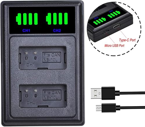 Miniatura 7 de Paquete de 2 baterías NB-10L + cargador dual USB LED para cámara digital Canon PowerShot G1X, G3X, G15, G16, SX40 HS, SX50 HS, SX60 HS