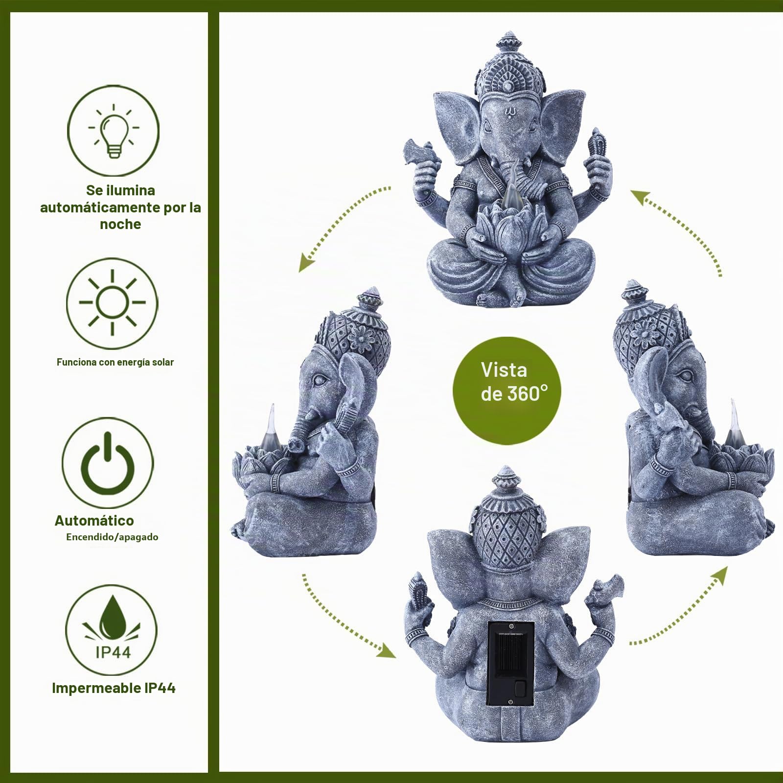 Yeomoo Figura de Ganesha Buda con luces solares para decoración de salón, escritorio, accesorios: Figura de Buda Zen de jardín Ganesha, regalos para hombres, mujeres, mamá, resistente a la intemperie