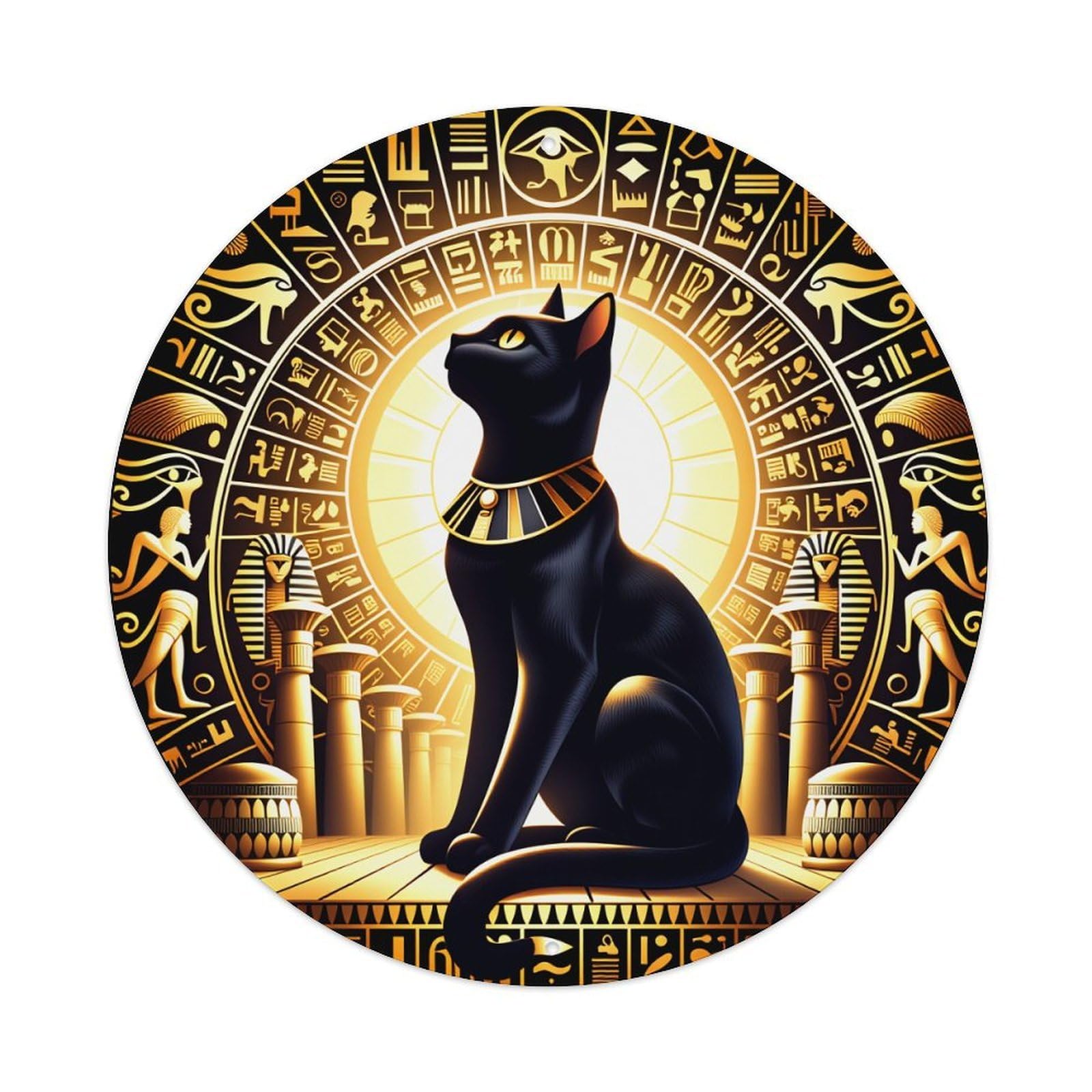 Wmlzdnwr Vintage Egyptian Cat Symbol Hieroglyphics Sun Temple Art Round Tin Sign,Retro Wall Art,Metal Poster For Home, Bar, Garage, Cafe, Rustic Indoor & Outdoor Decor, 8X8 Inches