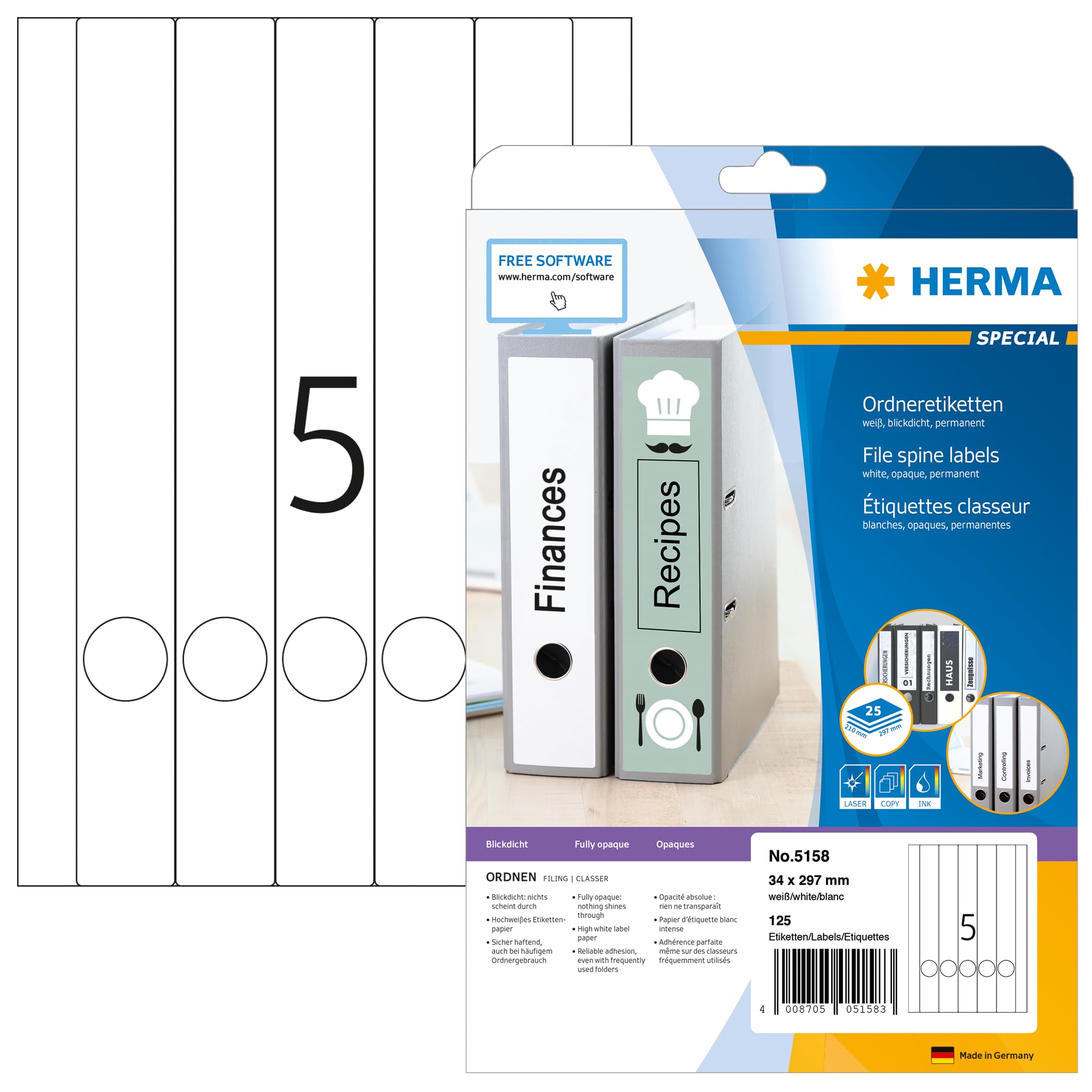HERMA Self Adhesive Spine Labels, 5 Labels per A4 Sheet, 25 Sheets, 34 x 297 mm, 125 Labels, Blank Lever Arch File Folder Labels Stickers, Sticky Labels for Laser & Inkjet Printer, White