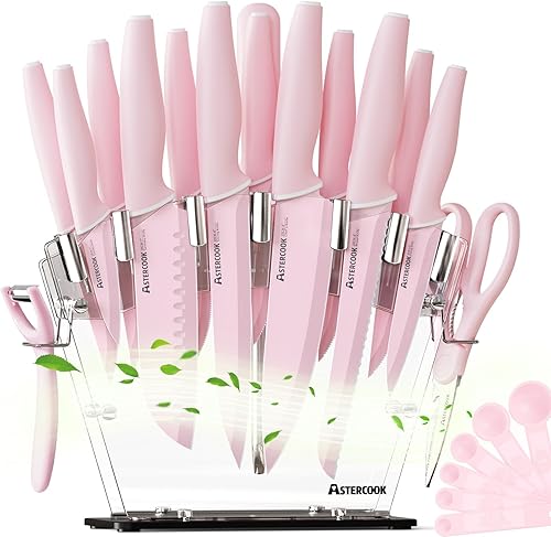Astercook Juego de cuchillos de cocina con bloque y afilador, 22 piezas, cuchillos alemanes de acero inoxidable de alto carbono, hoja afilada, aptos