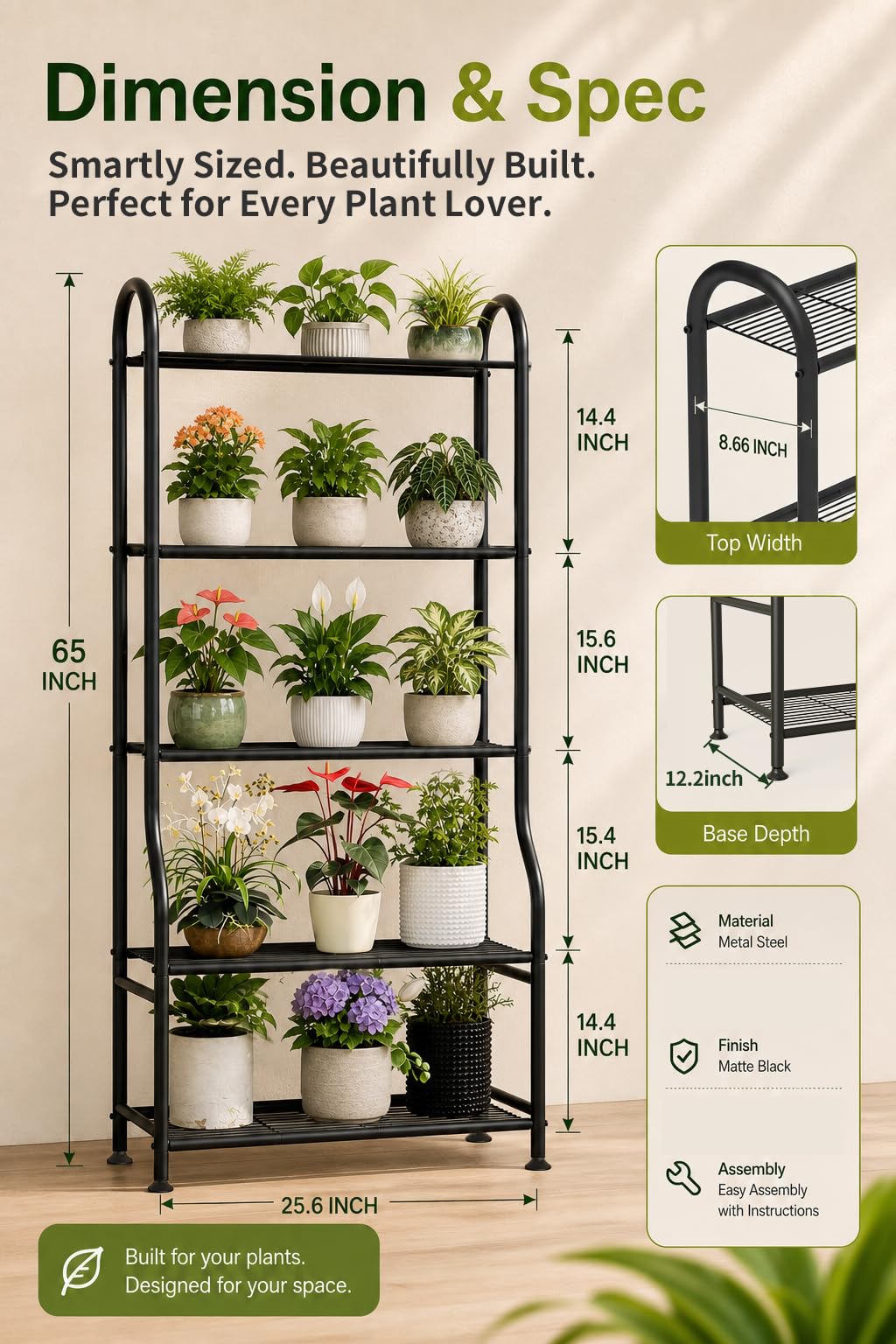Supporto per piante in metallo a 5 livelli, resistente, per interni ed esterni, per vasi multipli, supporto verticale alto 165,1 cm, con piedini di livellamento regolabili e kit di fissaggio