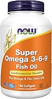 Vista 1 de NOW Suplementos, Super Omega 3-6-9 1200 mg con una mezcla de aceites de pescado, borraja y semillas de lino, 180 cápsulas blandas