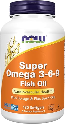NOW Suplementos, Super Omega 3-6-9 1200 mg con una mezcla de aceites de pescado, borraja y semillas de lino, 180 cápsulas blandas