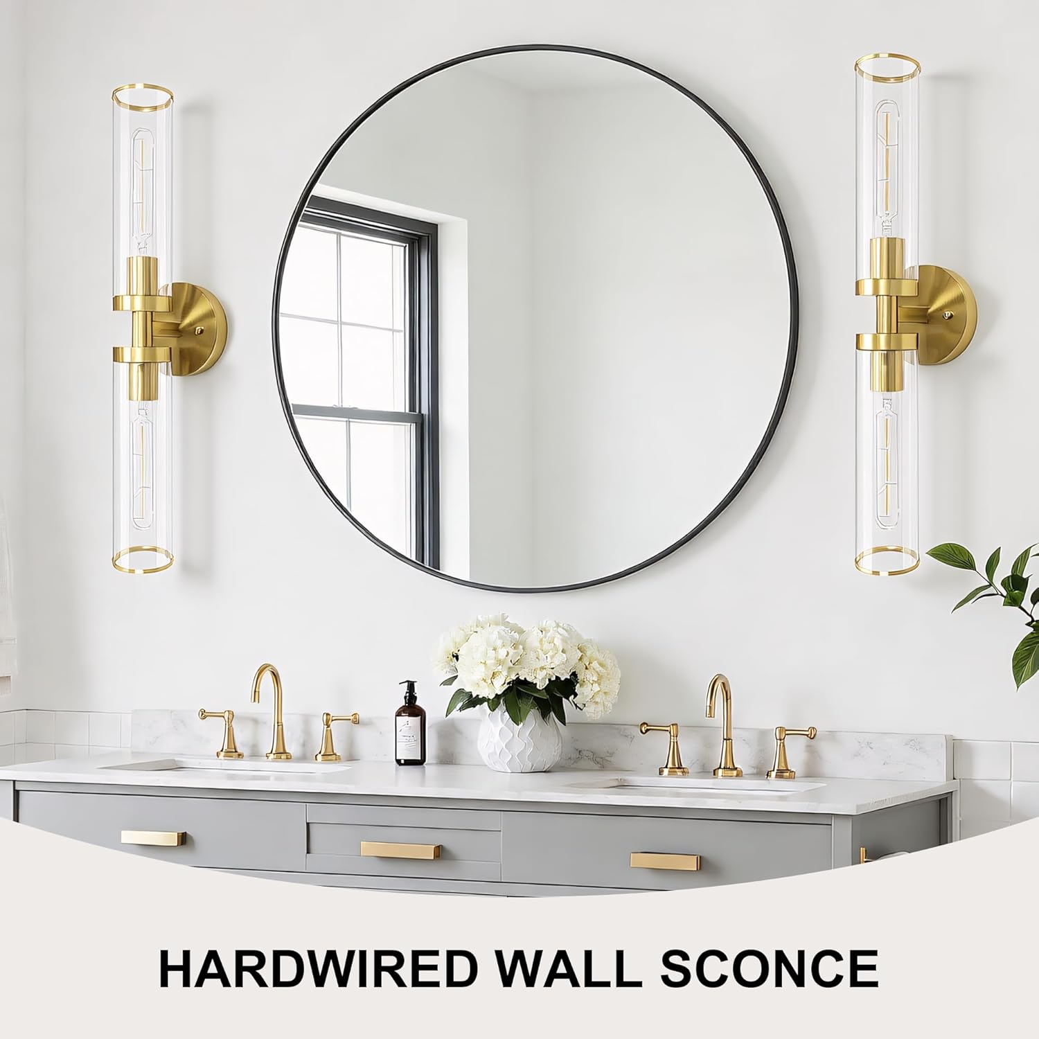 Gold Wall Sconces, Bathroom Sconces Vanity Light Fixtures with Clear Glass, Set of 2, Brushed Gold Sconces Wall Decor, for Living Room/Bathroom Corridor Mirror/Bedroom Hallway Stairwell