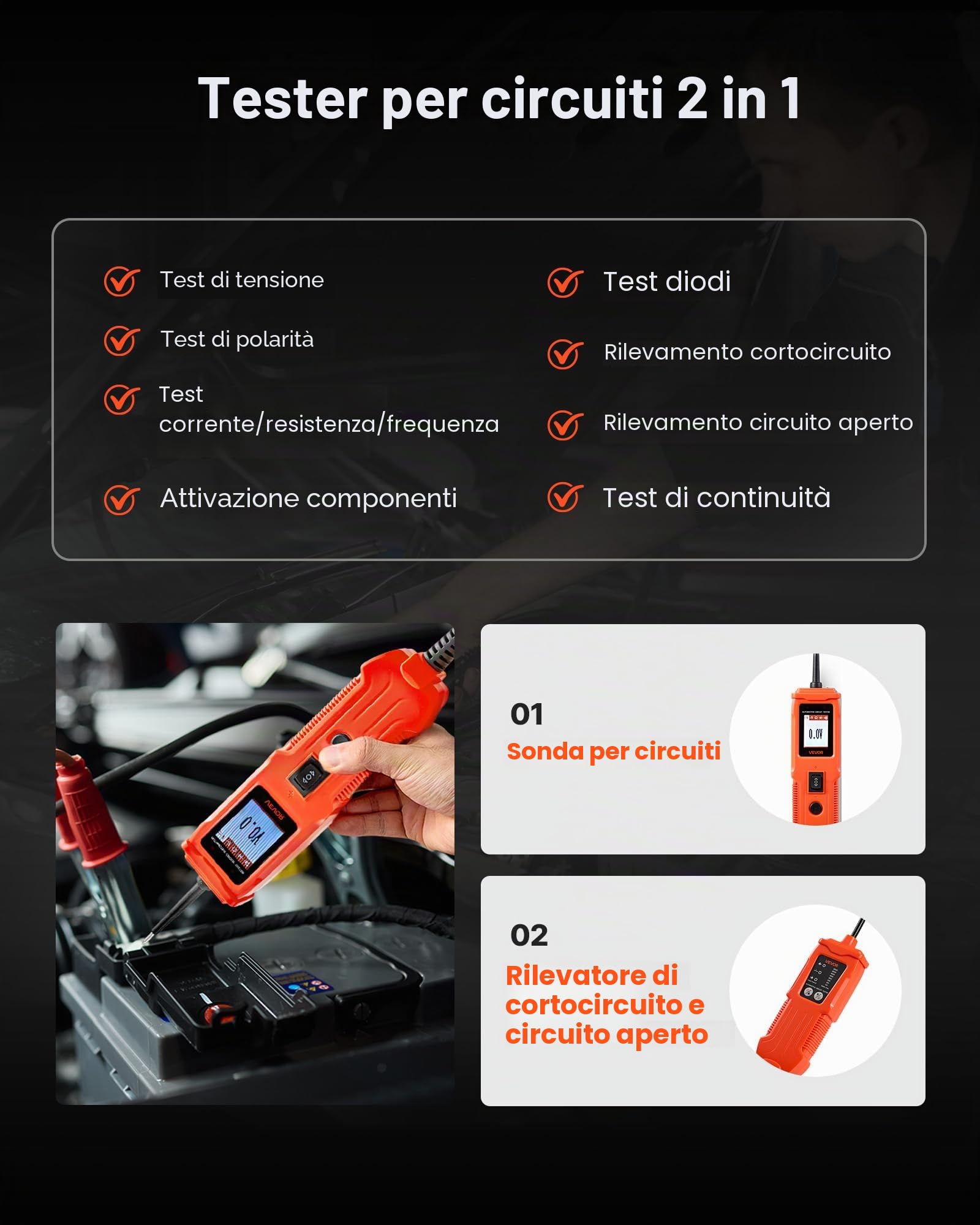 VEVOR Tester Elettrico per Circuiti Automobilistici, Tester di Tensione CC 8-35V con Cavo da 6 m, Display a Colori TFT Illuminazione, Test di Polarità, Continuità, Tracciamento di Linee, Diodo