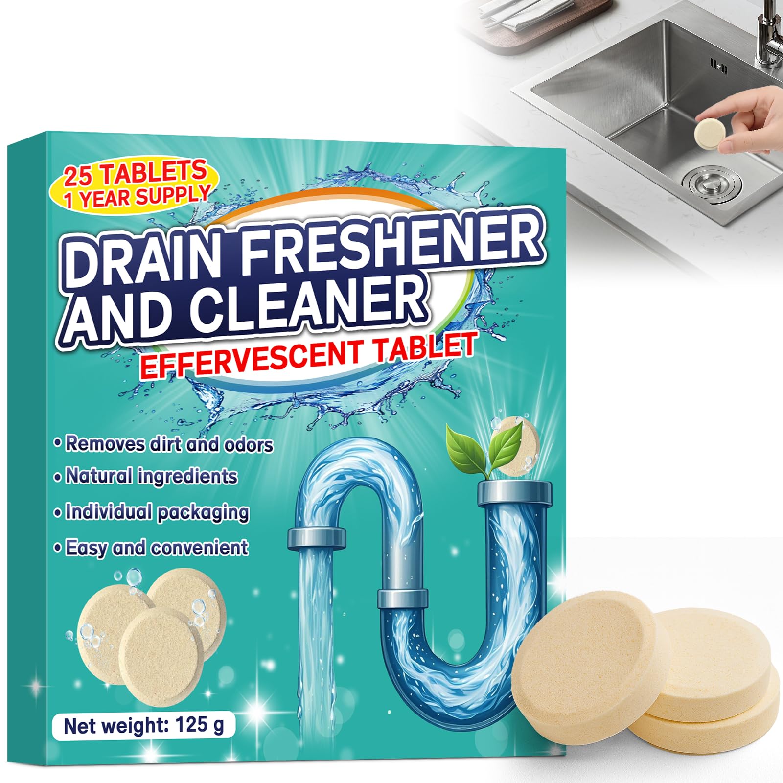 Pastiglie Cattivi Odori Scarichi, 25 Compresse Deodorante Bagno Elimina Rapidamente gli Odori per Scarichi di Fognature, WC e Lavandini, Eliminare Odore di Fogna in Bagno, Fornitura per 1 Anno