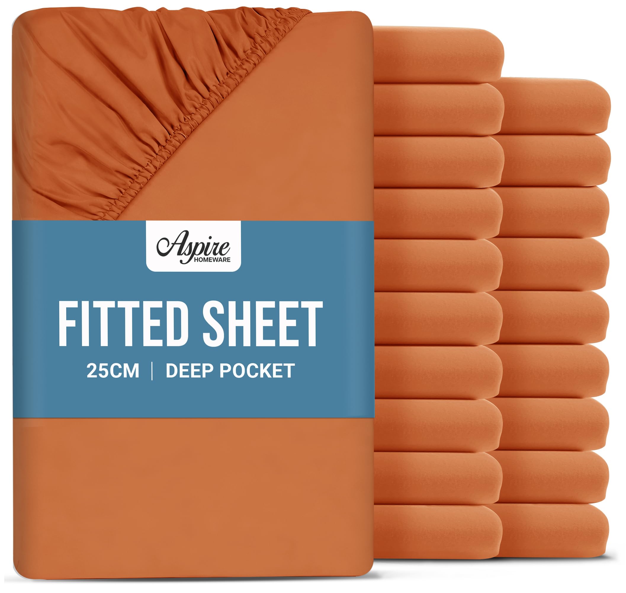 Aspire Homeware Single Fitted Sheet 20 Pack - 25 cm Deep Hotel Quality (Rust) Bed Sheets - Soft & Breathable Fitted Sheet Single Bed - Anti-Wrinkle Easy Care Fitted Sheets