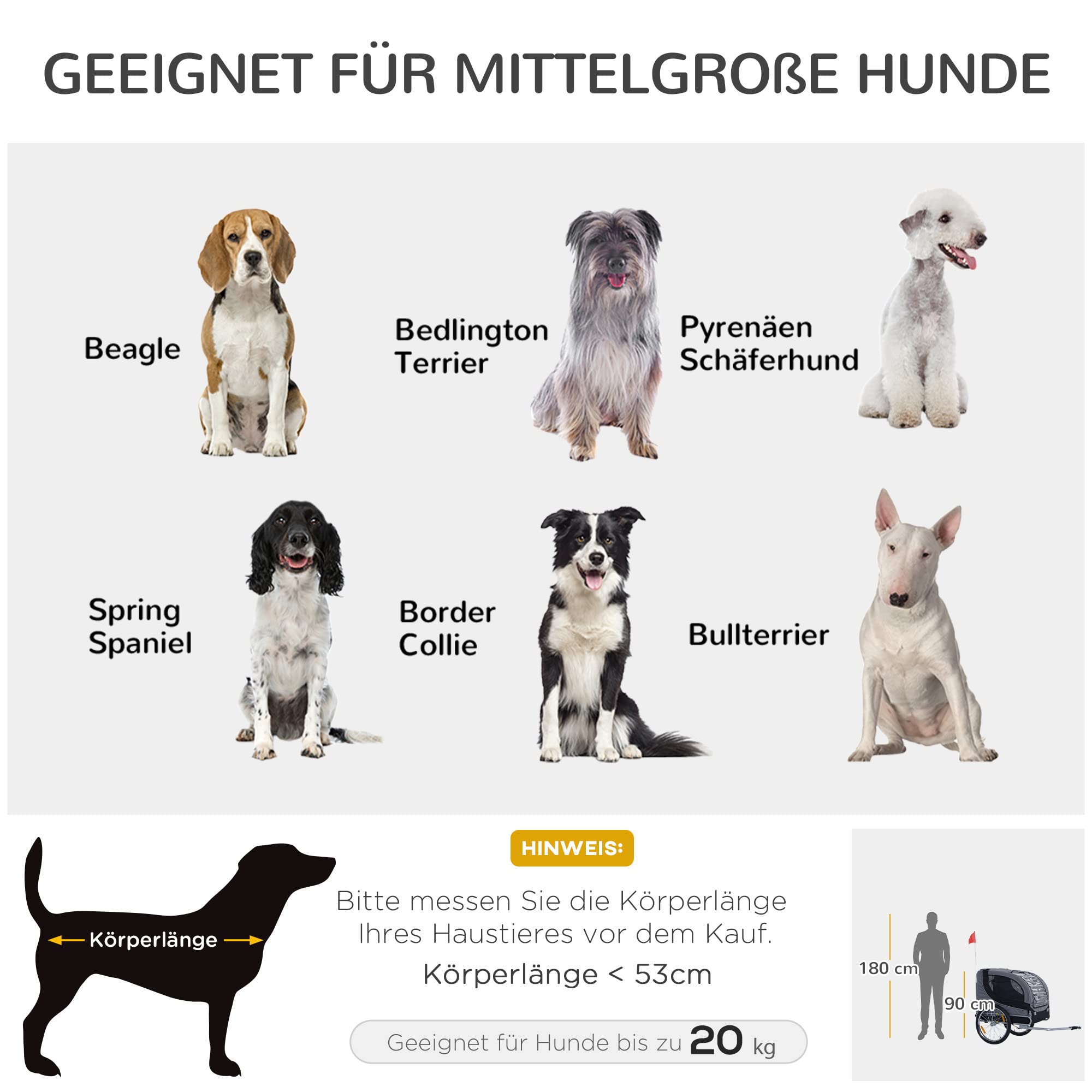 PawHut Hundeanhänger Fahrradanhänger für Hunde Hundefahrradanhänger mit Sicherheitsreflektoren, Universal-Fahrradkupplung, Rote Fahne, Hundetransporter bis 20 kg