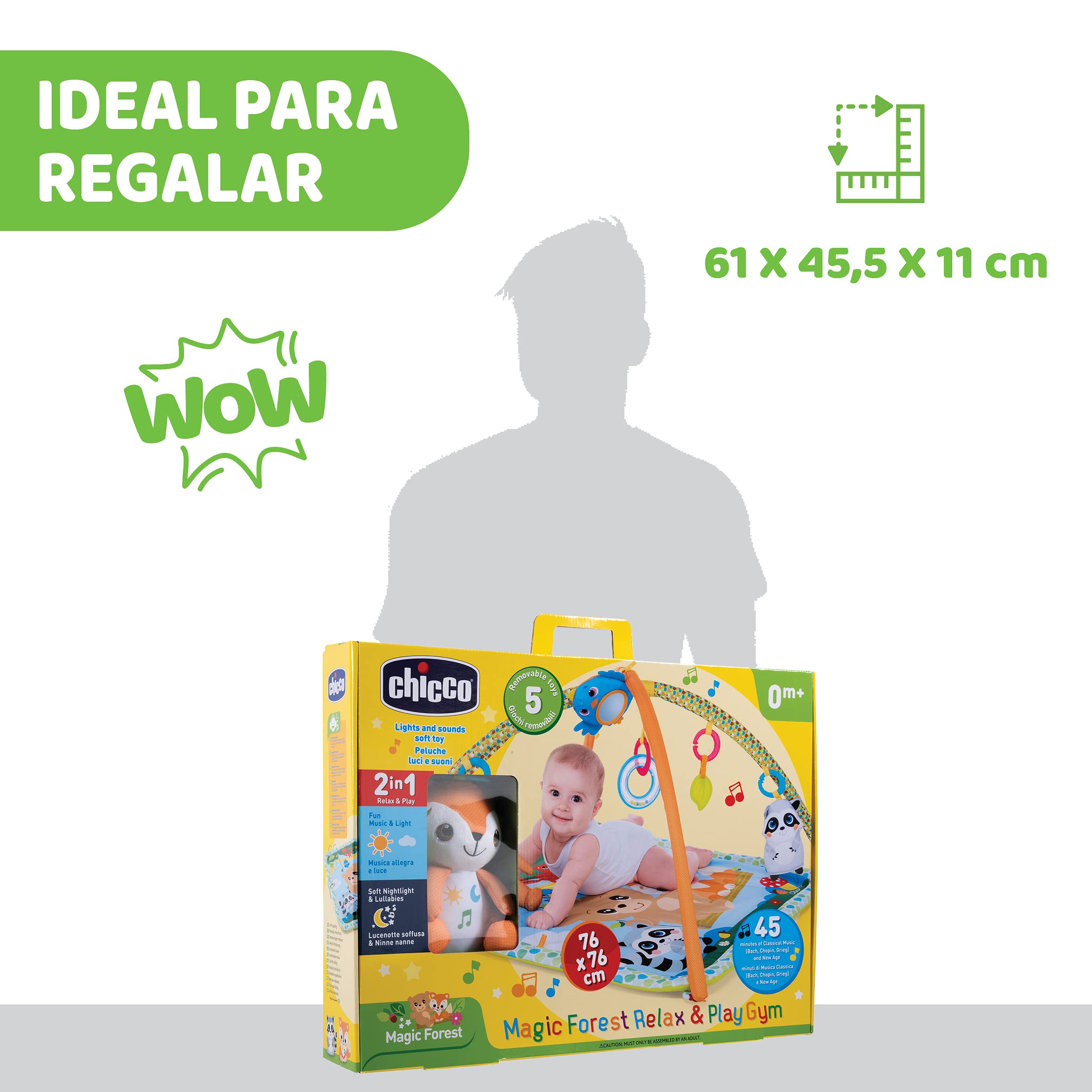 Chicco Descansa y Juega, Gimnasio Multifunción con Arco para Bebés, Manta de Actividades, 5 Muñecos Colgantes Extraíbles, Zorro de Peluche, Música Relajante y Luces Suaves – Juguetes Bebé 0+ Meses