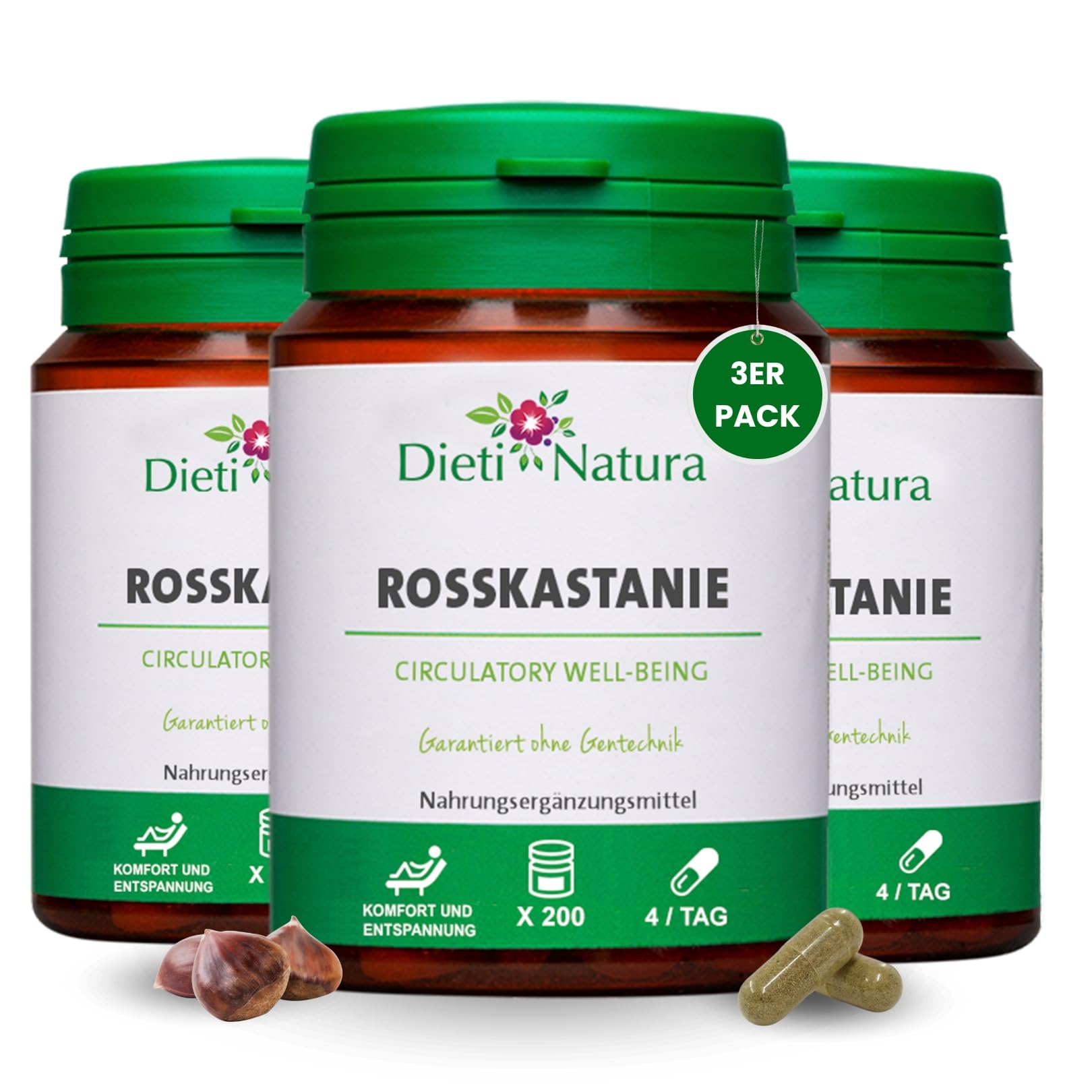 Dieti Natura Rosskastanie, natürliche Linderung für müde und schwere Beine, verbessert die Durchblutung und venöse Gesundheit, Ergänzung für Krampfadern, Schwellungen und Flüssigkeitsretention, 3