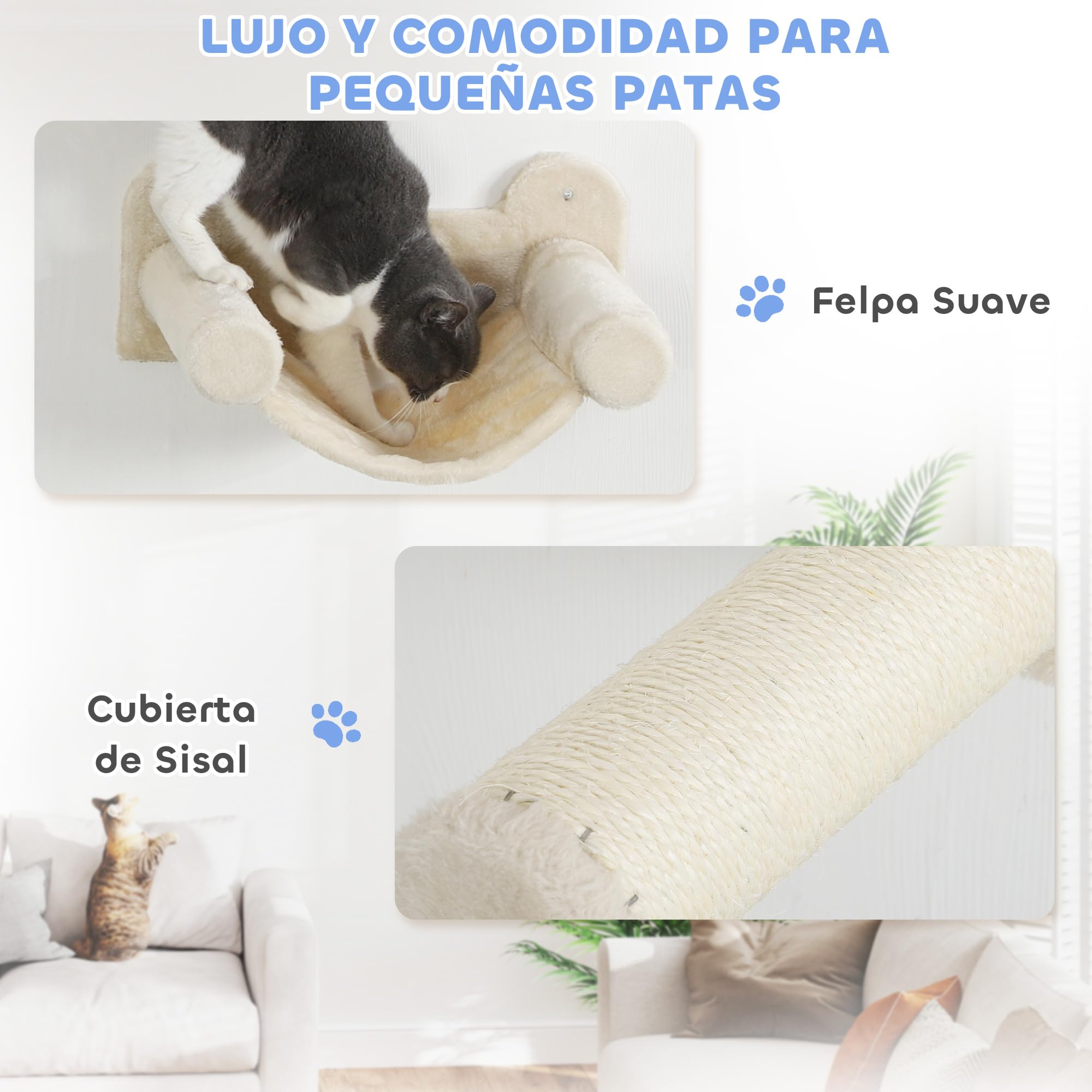PawHut Juego de Pared de Escalada para Gatos Condominio 6 Piezas Beige | Estanterías para Gatos, Plataforma, Hamaca, Escaleras, Percha, Tabla Rascador, Poste de Sisal, Bola de Juguete