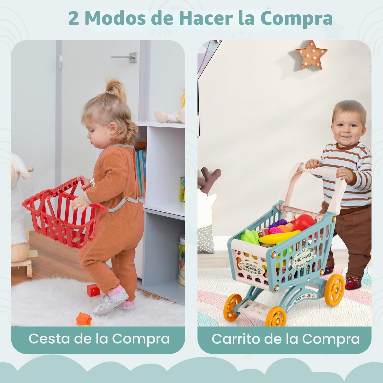 RELAX4LIFE Supermercado Juguete Infantil con Luz, Sonido, Carrito Compra, Cesta y 29 Accesorios, Caja Registradora Juguetes con Escáner, Supermercado de Madera para Niños de 3+ Años (Multicolor)
