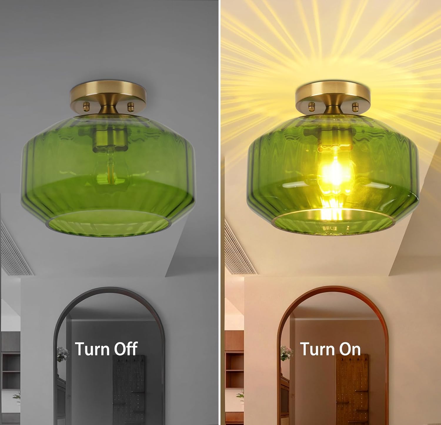 Modern Semi Flush Mount Ceiling Light, Mid Century E26 Close to Ceiling Light Fixtures with Green Glass Shade, 11.02 Inch Vintage Glass Ceiling Lights for Bedroom, Kitchen, Living Room