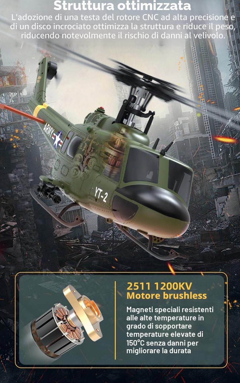 YUXIANG F07 UH-1D RC elicottero per adulti, 1/34 6 CH senza spazzole a trazione diretta, modello con giroscopio a 6 assi, 3D/6G RC aereo giocattolo (2 batterie)