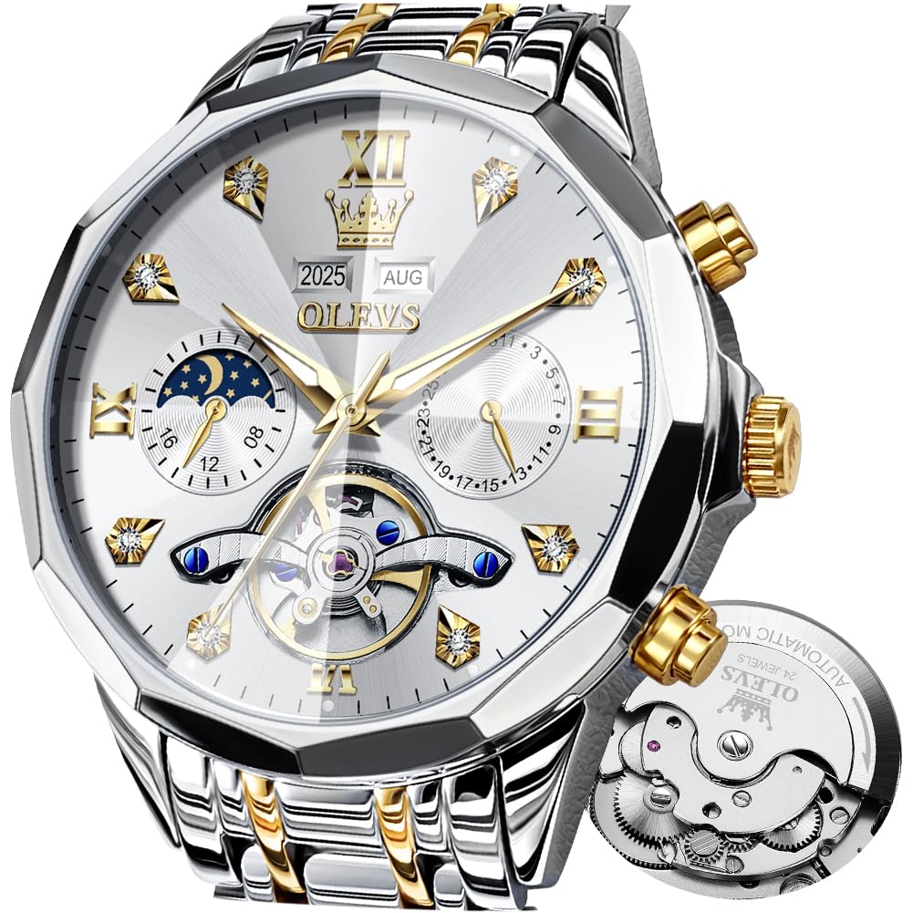 OLEVSAutomatic Watch for Men Luxury Diamond Self Winding Multifunctional Men's Calendar Watch Stainless Steel Waterproof Luminous Male Watches