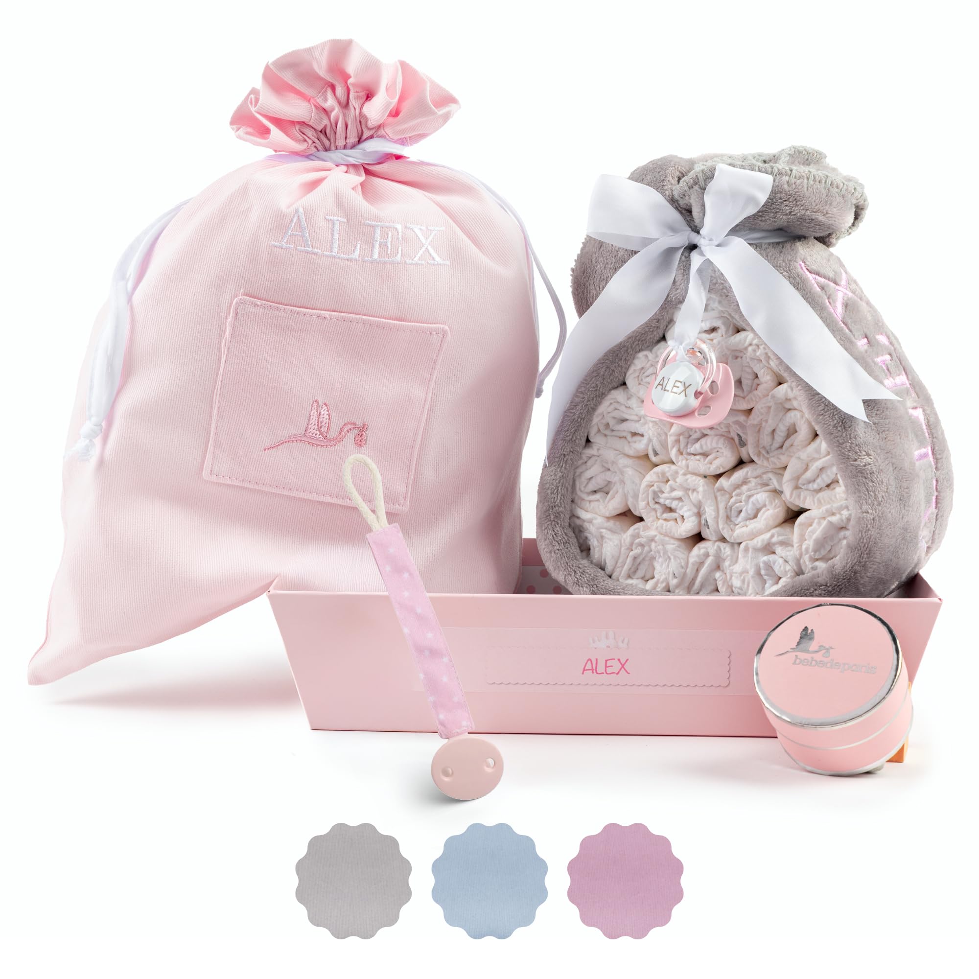 Tarta de Pañales para Recién Nacida con Manta Bordada + 15 Pañales Talla 2 + Chupete Personalizado Rosa | BebeDeParis