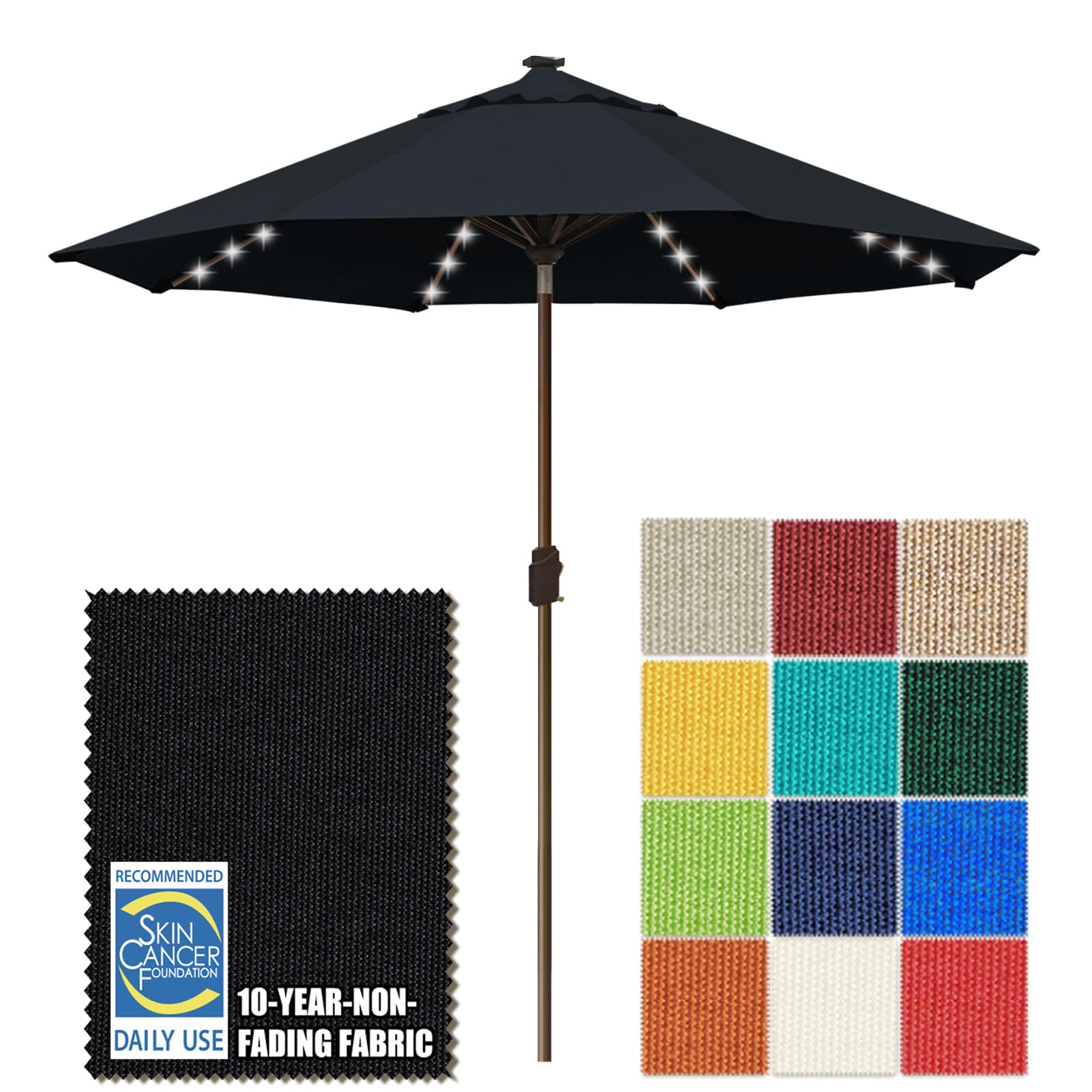eliteshade usa 10-year-non-fading 10ft market patio umbrella, commercial grade table sun umbrella with 80 solar led lights, crank open, windproof & upf 50+ uv protection for garden, deck, pool, backyard, black
