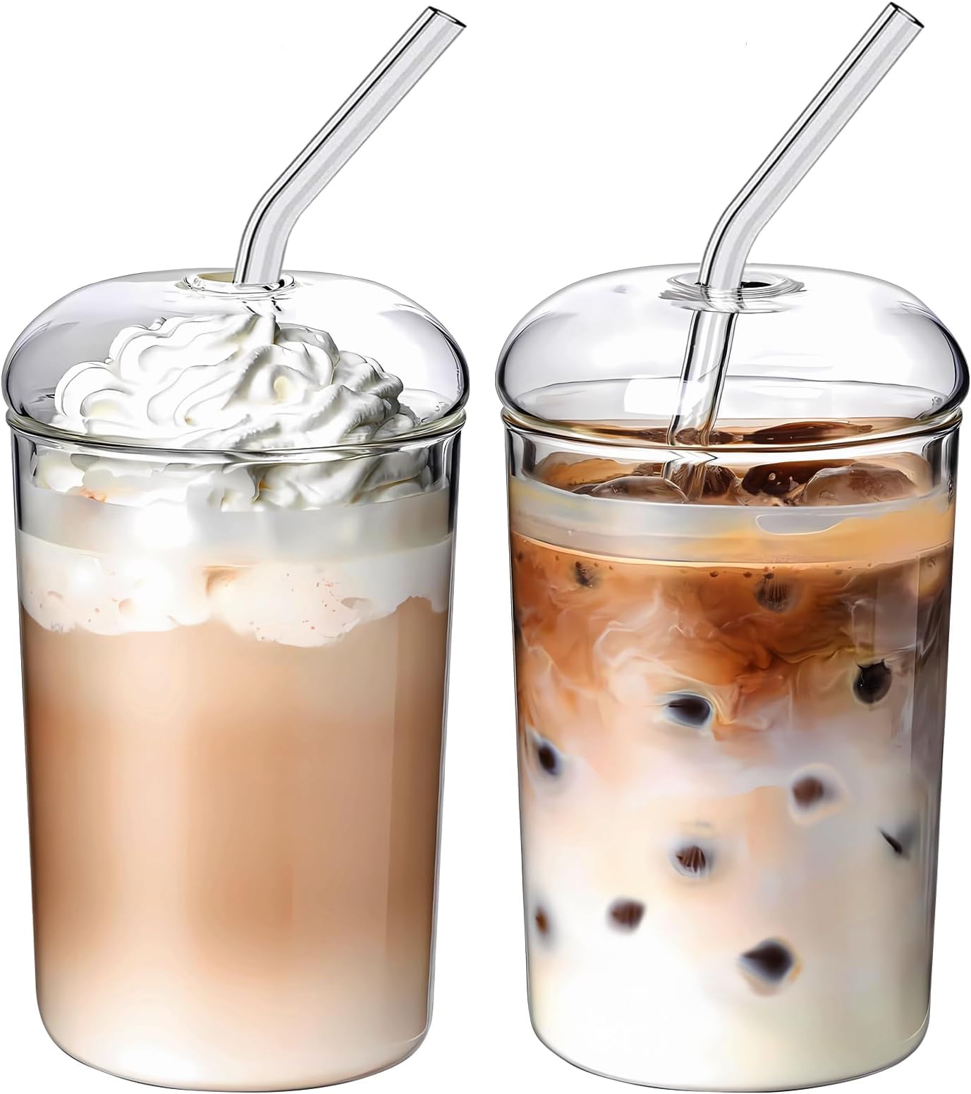 Ework4U 2 Pcs Drinking Glasses with Glass Lids and Glass Straw 16oz Glassware Set,Iced Coffee Glasses,Ideal for Water,Soda,Tea,Gift - with Cleaning Brushe
