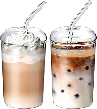 Ework4U 2 Pcs Drinking Glasses with Glass Lids and Glass Straw 16oz Glassware Set,Iced Coffee Glasses,Ideal for Water,Soda,Tea,Gift - with Cleaning Brushe
