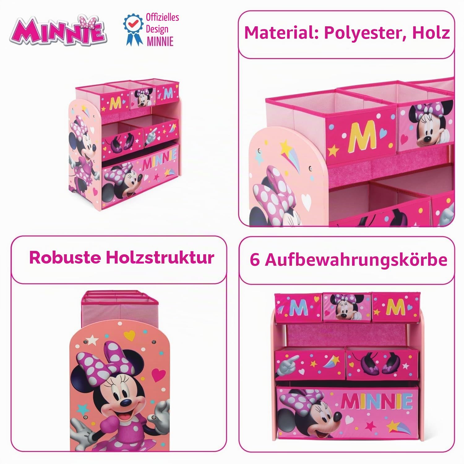 ARDITEX – Organizer aus Holz mit 6 Textilboxen mit Minnie-Mouse-Motiv von Disney – 62x30x60 cm – Farbe Rosa – Perfekt zum Aufbewahren von Spielzeug im Kinderzimmer