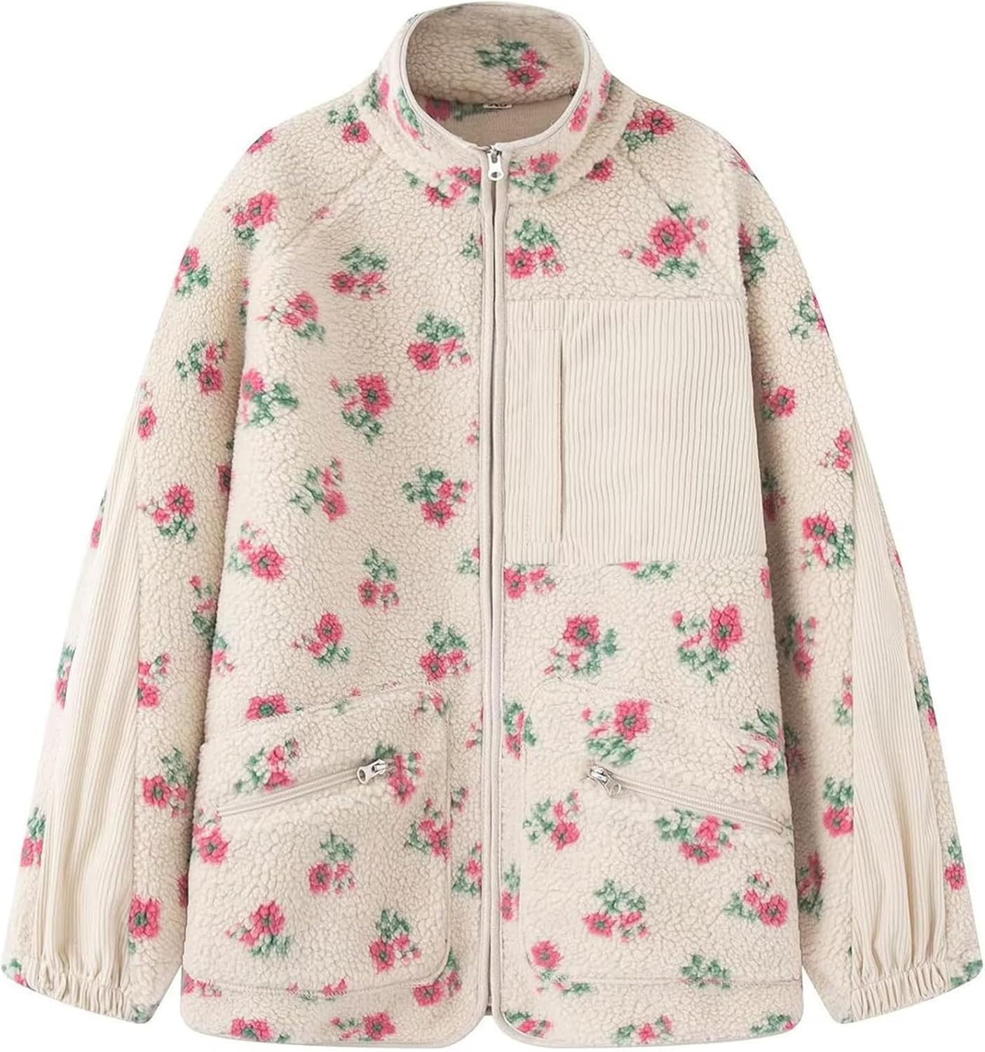 Womens Sherpa Fleece Cropped Jacket Zip Up Floral Lightweight Jacket long sleeve Cute Teddy Fuzzy Coat