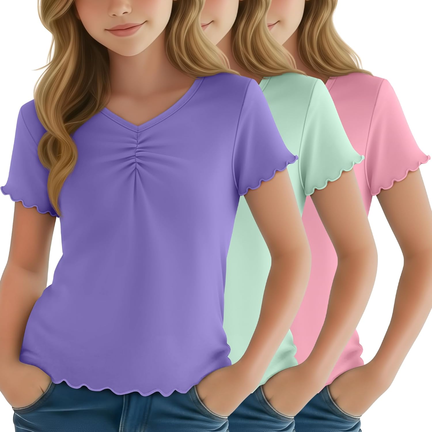 3 Pack Girls Short Sleeve Tops V Neck Loose Fit Baggy Chest Ruched Tees Kids Youth Basic Casual Soft Shirts Summer