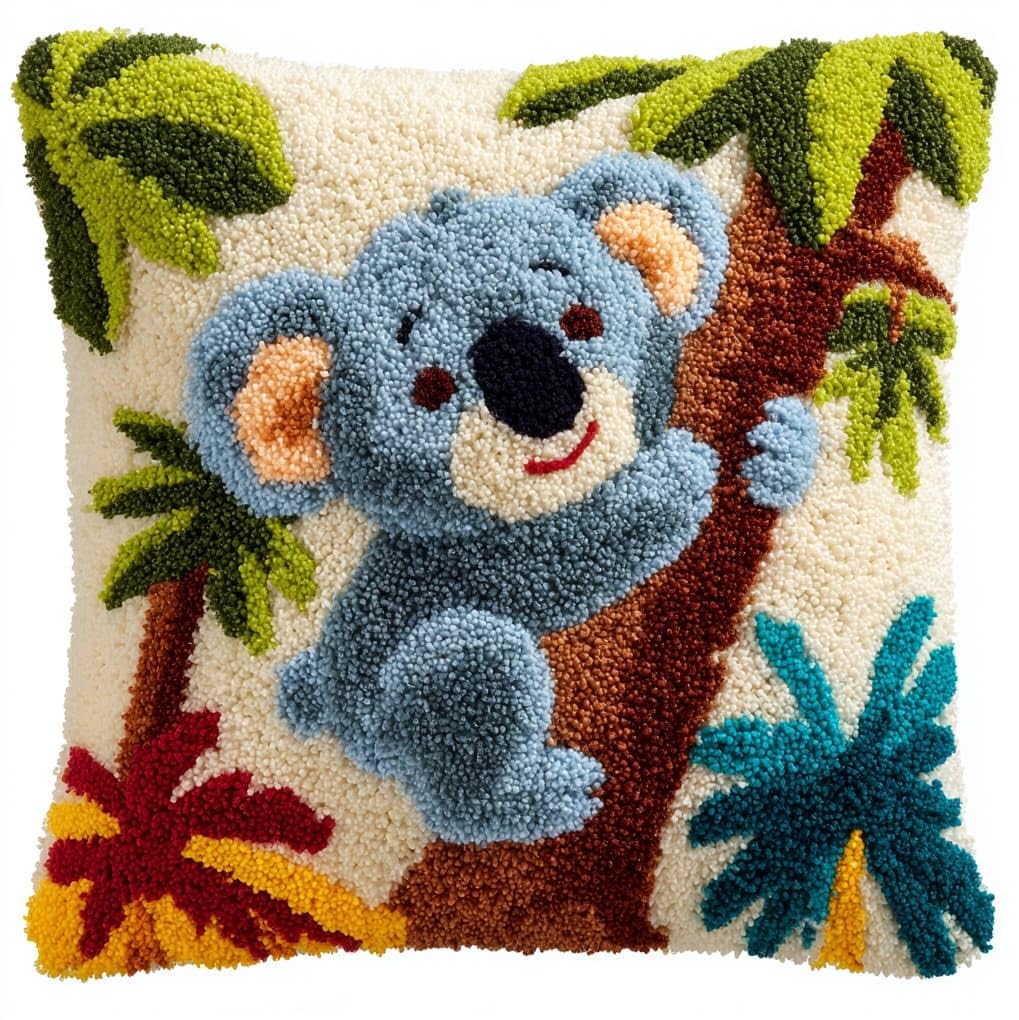 WallustrioaW Latch Hook Cushion Kits,Tropical Koala,Latch Hook Pillow Case Kits Embroidery Carpet Set,DIY Needlework Sofa Cushion,17x17in