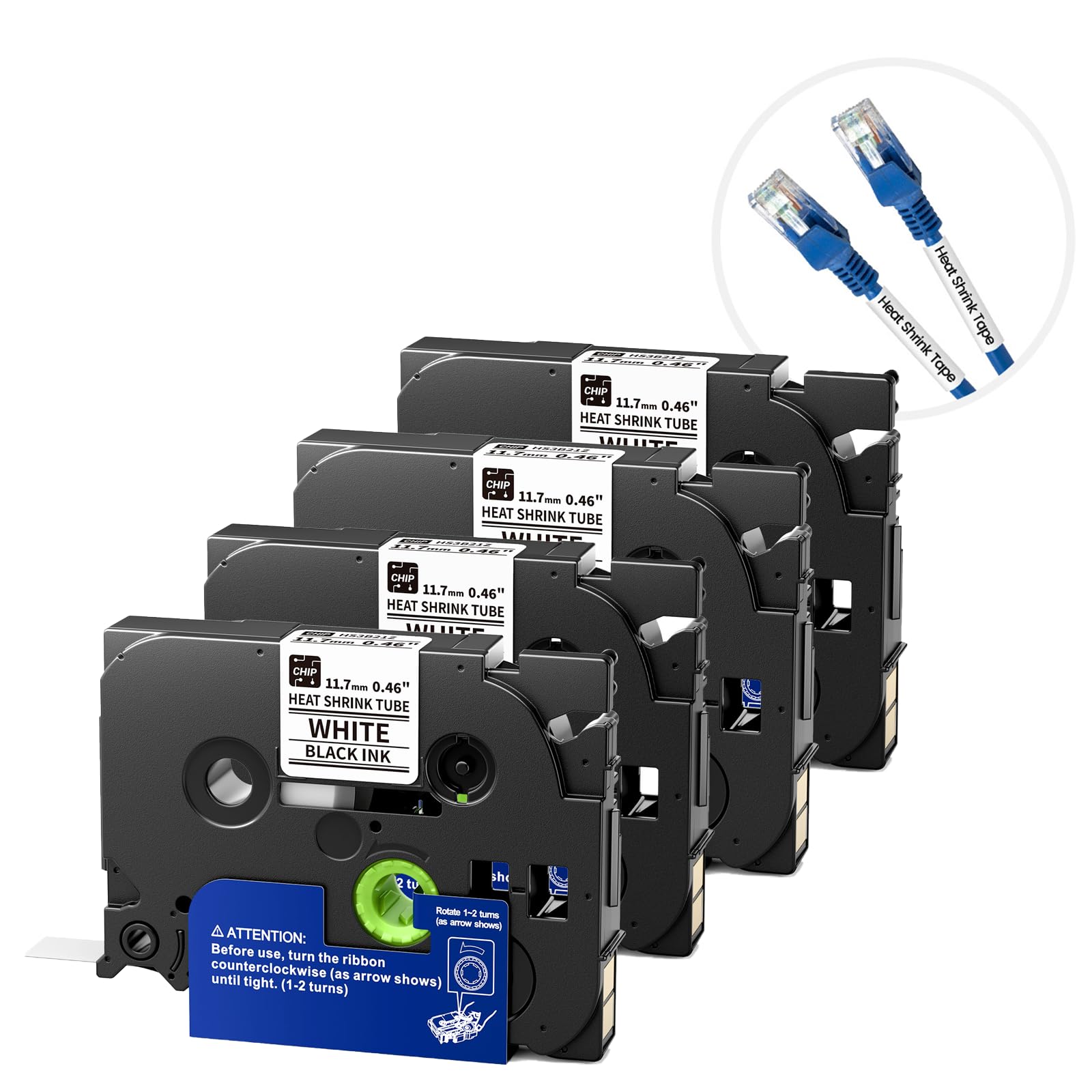 Nastri termorestringenti E1000, 11,7 mm, neri su bianchi, compatibili con PT-E560BTVP E510VP E310BTVP, ricambio per Brother P-Touch HSe-231 HSe231 HS-231, confezione da 4
