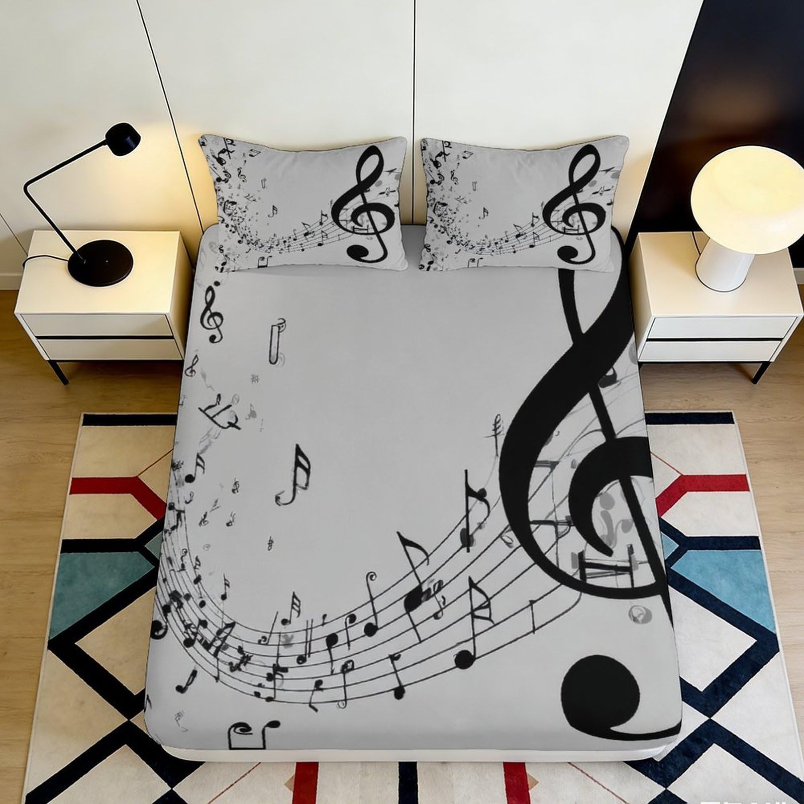 3D Printed Music Notes Fitted Sheet Microfiber Soft Anti-Slip Treble Clef Bed Cover for Bedroom Guest Room 200x200x25cm