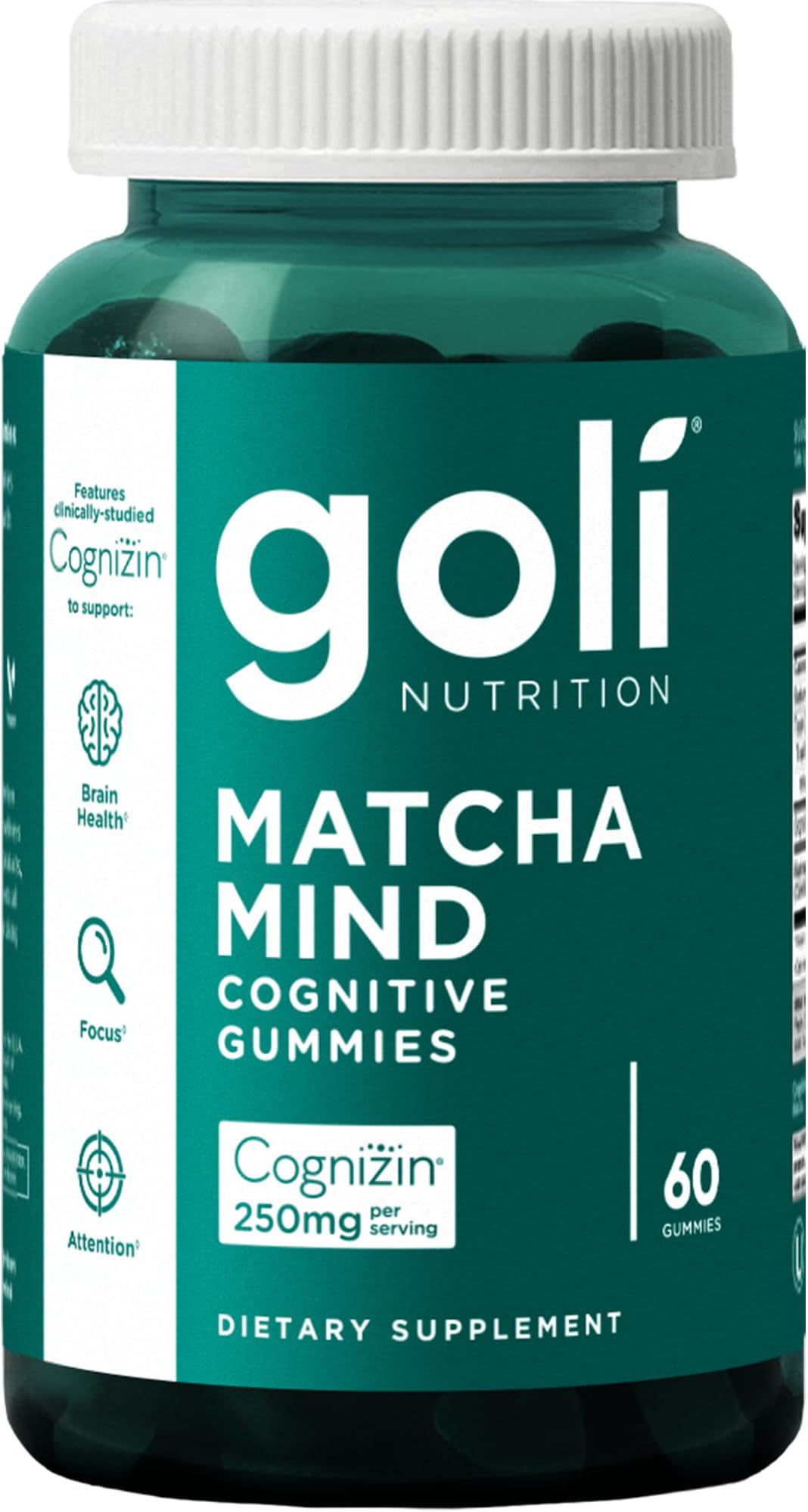 Goli Matcha Mind Gummies - Pack of 60 - Green Tea Leaf Powder with Cognizine for Focus, Attention and Brain Health, Vegan, GMO Free, Gluten Free and Gelatin Free