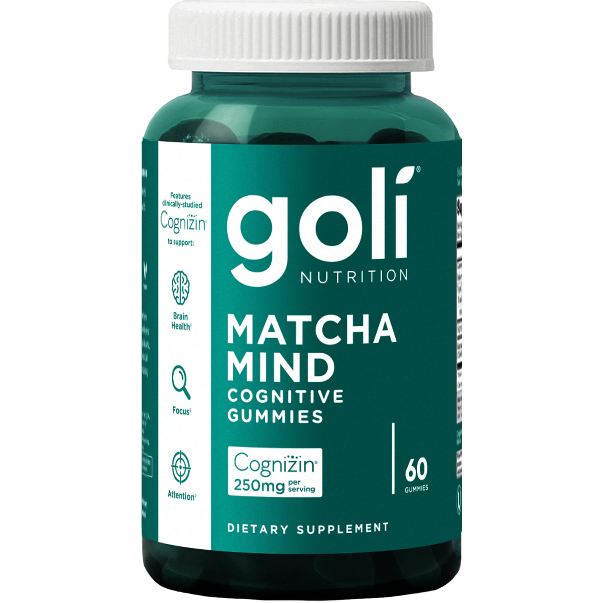 Goli Matcha Mind Gummies - Pack of 60 - Green Tea Leaf Powder with Cognizine for Focus, Attention and Brain Health, Vegan, GMO Free, Gluten Free and Gelatin Free