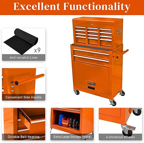 Miniatura 6 de Caja de herramientas rodante de alta capacidad con caja de herramientas de 8 cajones sobre ruedas, carrito de herramientas multifuncional, gabinete