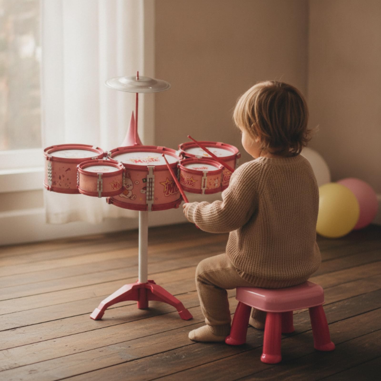 Harilla Batería Infantil de Juguete Set de Percusión Kit Musical Tambor para Niños Kit Completo con 5 Cuerpos y Platillo Sonido con Banqueta Adecuada para , Batería De Juguete con Diseño De Conejo