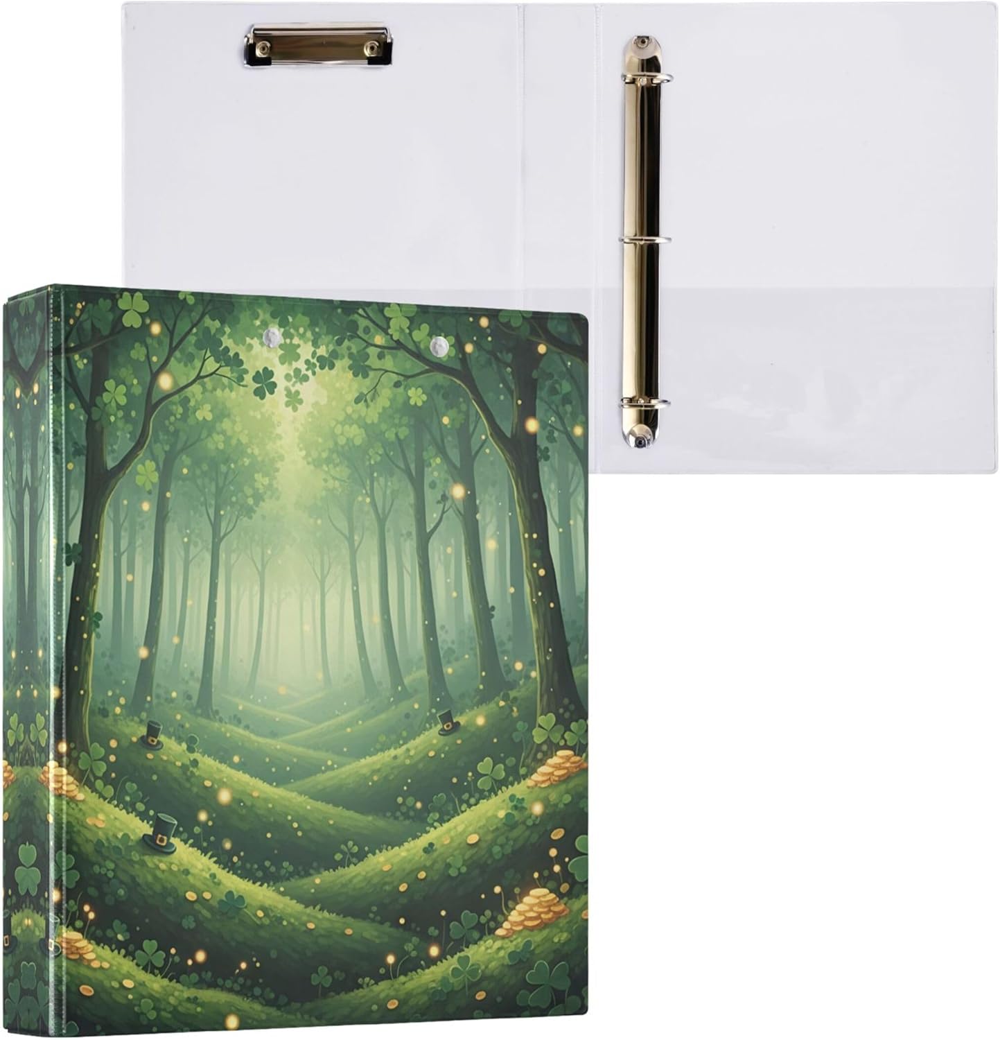 St Patrick's Forest 3 Ring Binders, 1.5” Round Ring Binders with Clipboard - Letter Size, 3 Interior PVC Clear Pockets & Anti-Slip Clip for Office School Supplies, 2PCS