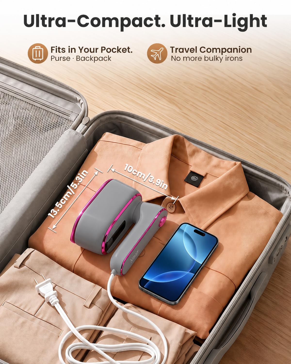 Steamer for Clothes, Handheld Portable Iron Steamer, 2-in-1 Dry & Steam, 180° Rotatable Handle, 20s Fast Heat-Up, 970W Travel Steamer for Home & Travel, 120V Only view 3