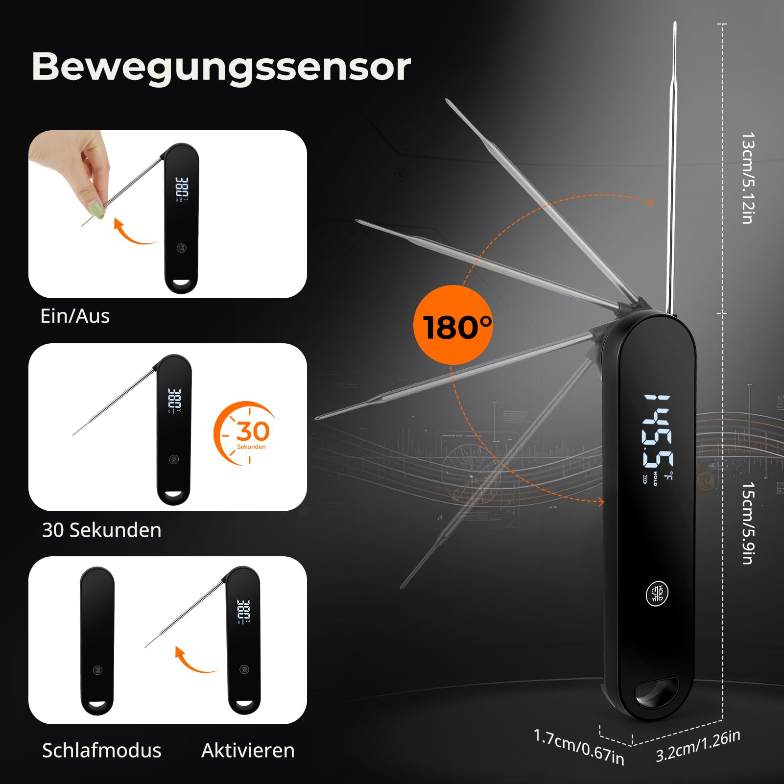 Termometro digitale per carne, display istantaneo da 0,6 s, IP66, impermeabile, sonda ultra sottile da 1,8 mm, precisione ± 0,5 °C, schermo girevole a 180°, per cucina, barbecue, forno, cottura