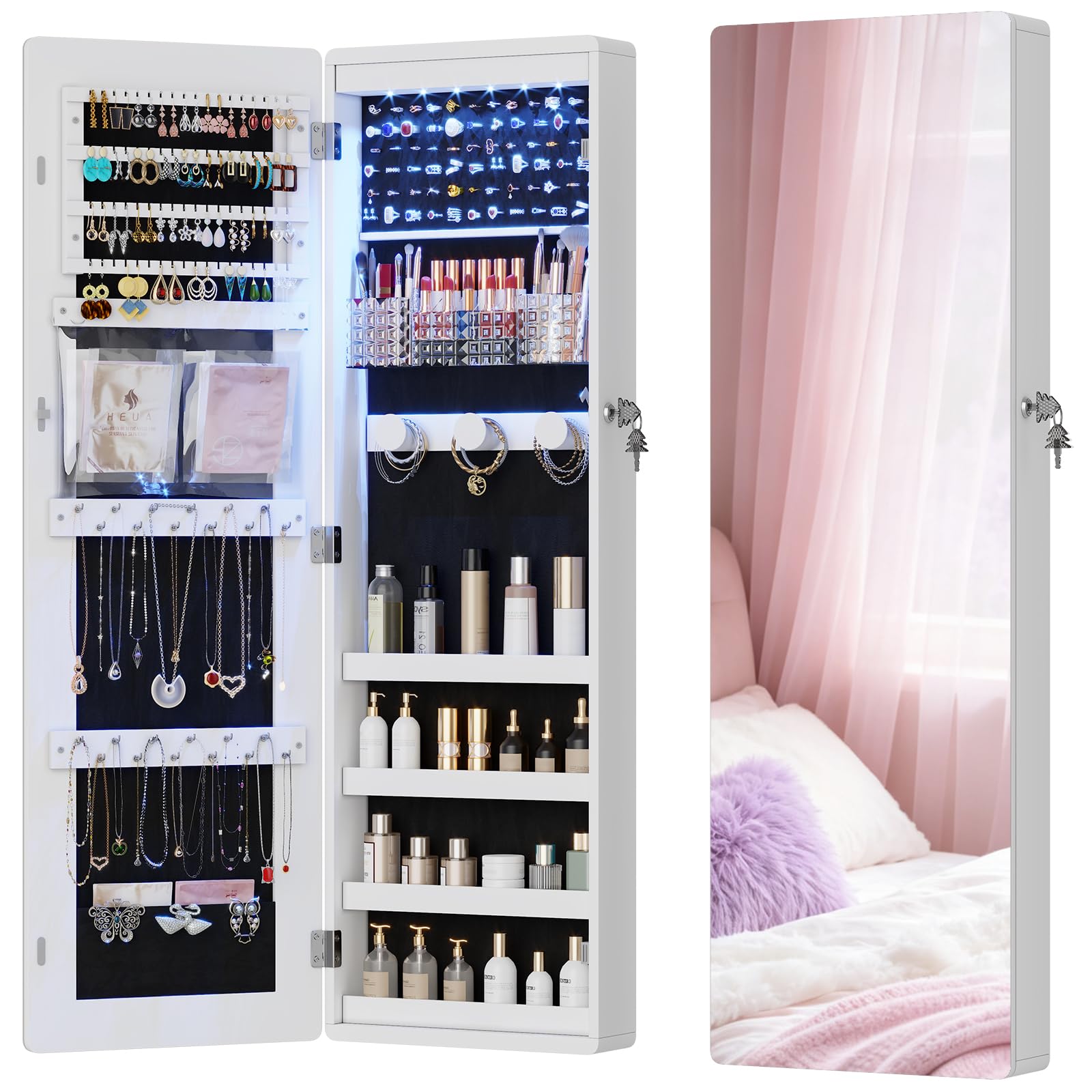 HNEBC Over the Door Organizer, Jewelry Cabinet with Lights,White