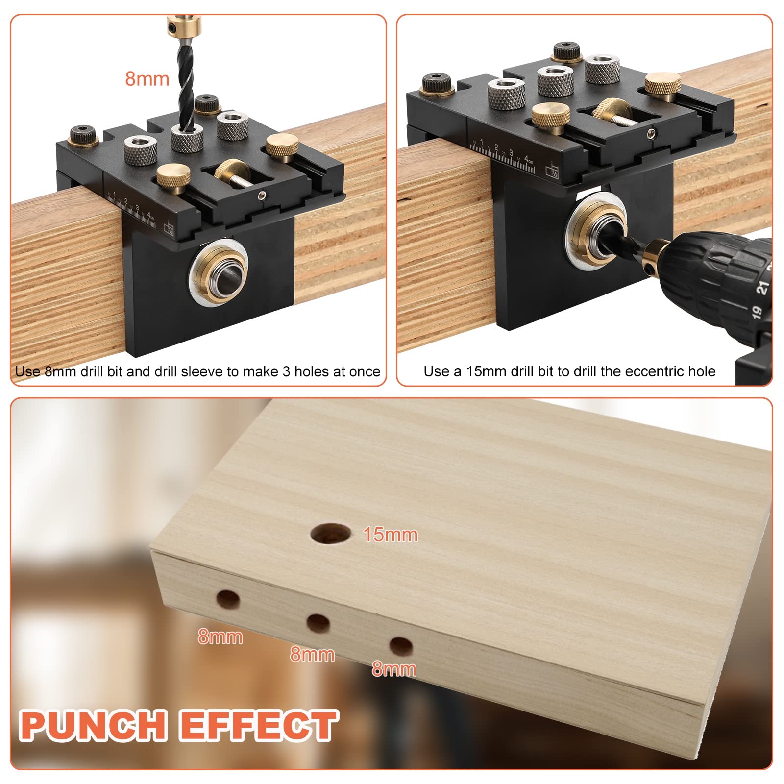 6/8/10/15mm Maschera di foratura per costruzione di mobili, pratico ausilio per tasselli, 3-in-1 Jig per doweling per lavorazione del legno, buchi per tasselli precisi con clip di