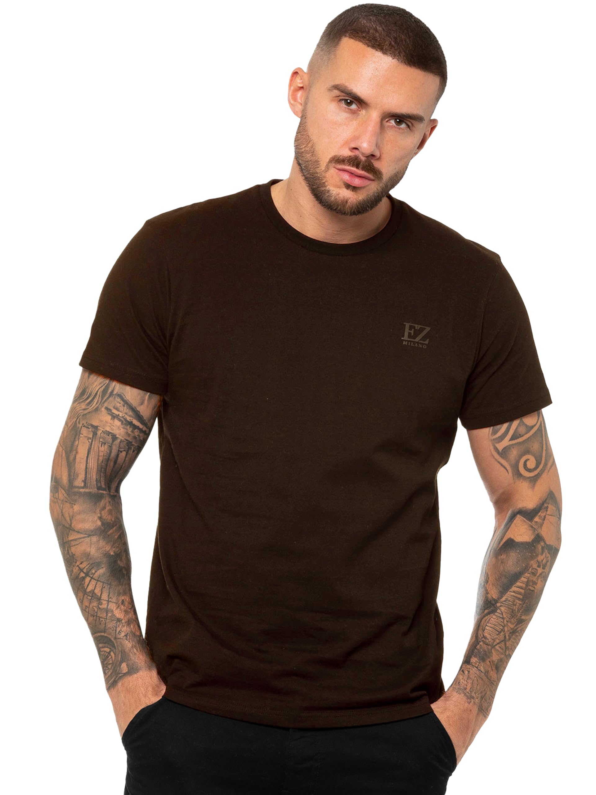 989Zé ENZO Mens Regular Fit T Shirt Plain Cotton Tee Crew Neck Top Short Sleeve Casual Tshirt (UK, Alpha, M, Regular, Regular, Brown)