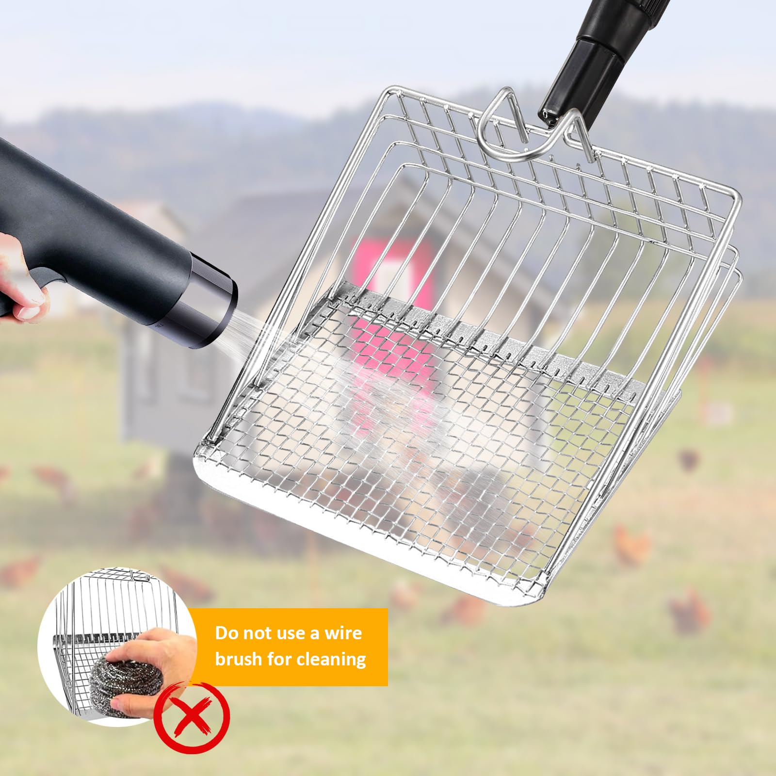 Scooper de Caca de Poulet Métal Inoxydable 3 en 1, Pelle à Poulet Réglable 57-106 cm, Accessoire Poulailler Détachable Rangement Suspendu, Tamis Nettoyage Séparation Déjections Sable