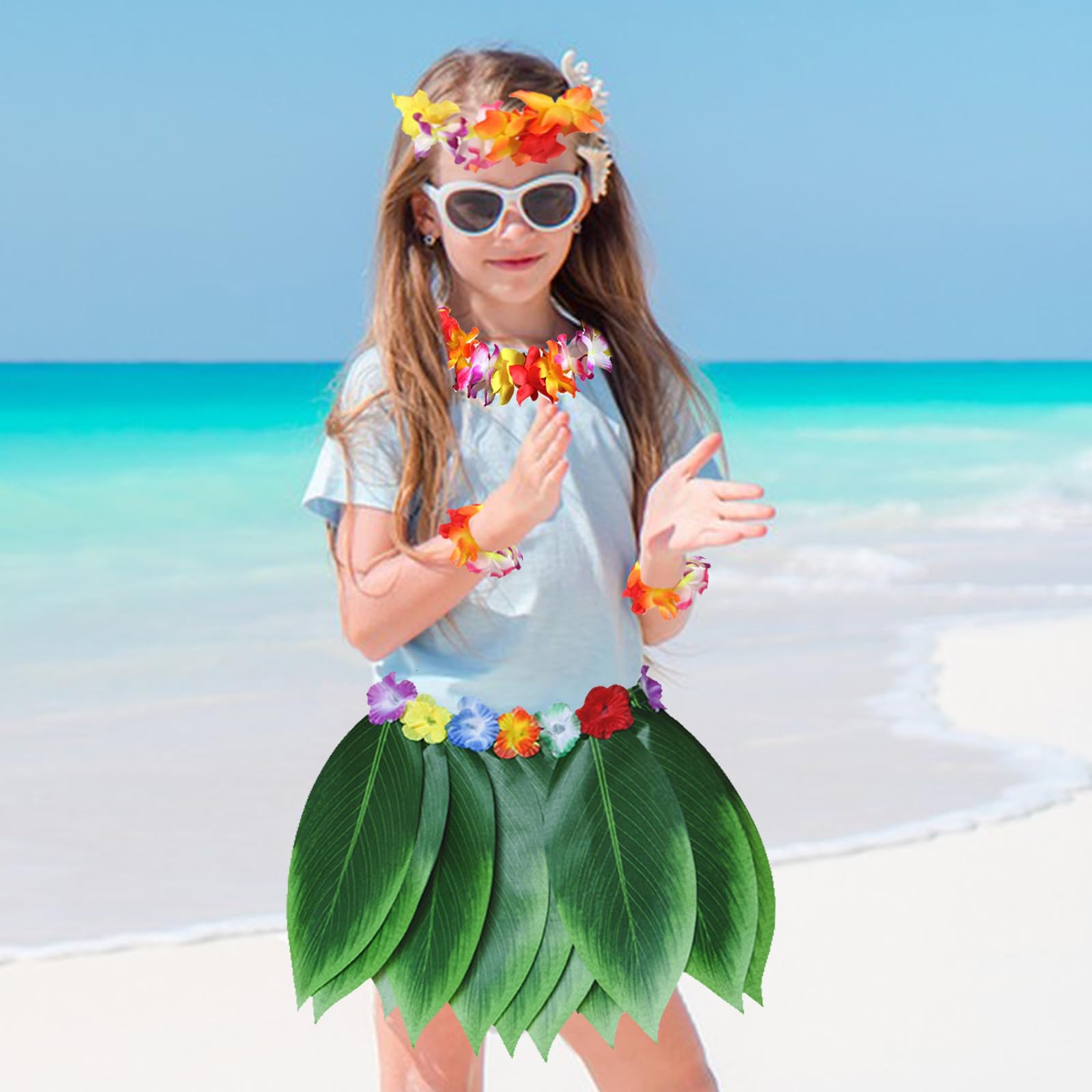 Gonna Hula Foglia Hawaiana con Collana di Fiori, Fascia, Braccialetto, Costume Festa Fancy Dress Hawaiana, Luau Gonna Hula per Bambini Adulti Festa Spiaggia Estive Danza Festa di Carnevale