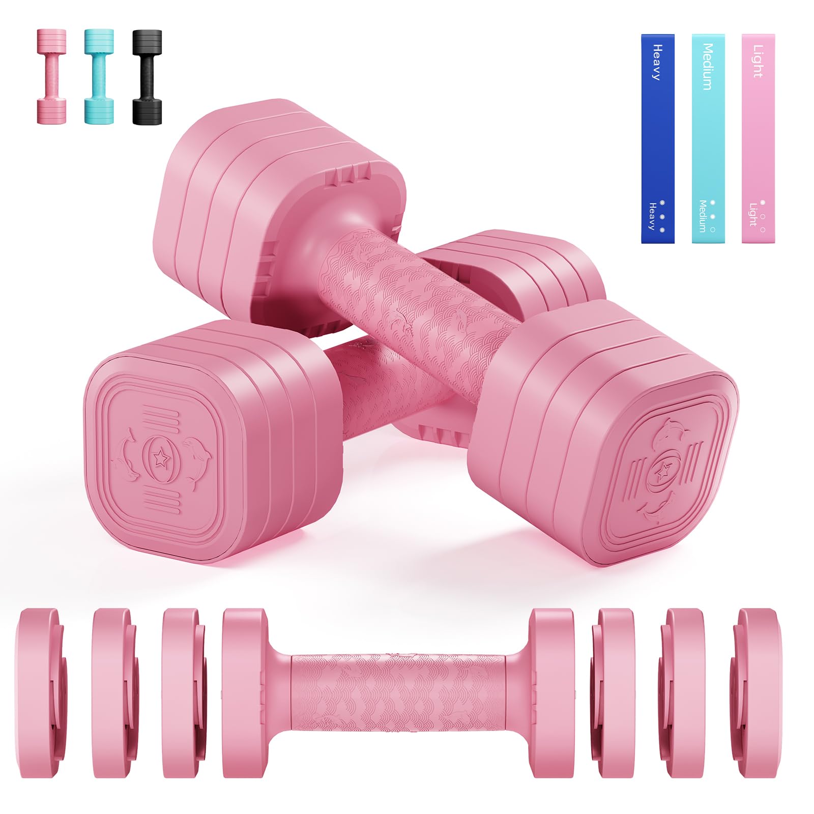 Yoleo Adjustable Dumbbells Set 2.5kg 5kg Dumbbell Pair, 4-in-1 Weight Dumbbells Set Women Men Non-Slip Free Weights Home Gym Workout,Include Resistance Band
