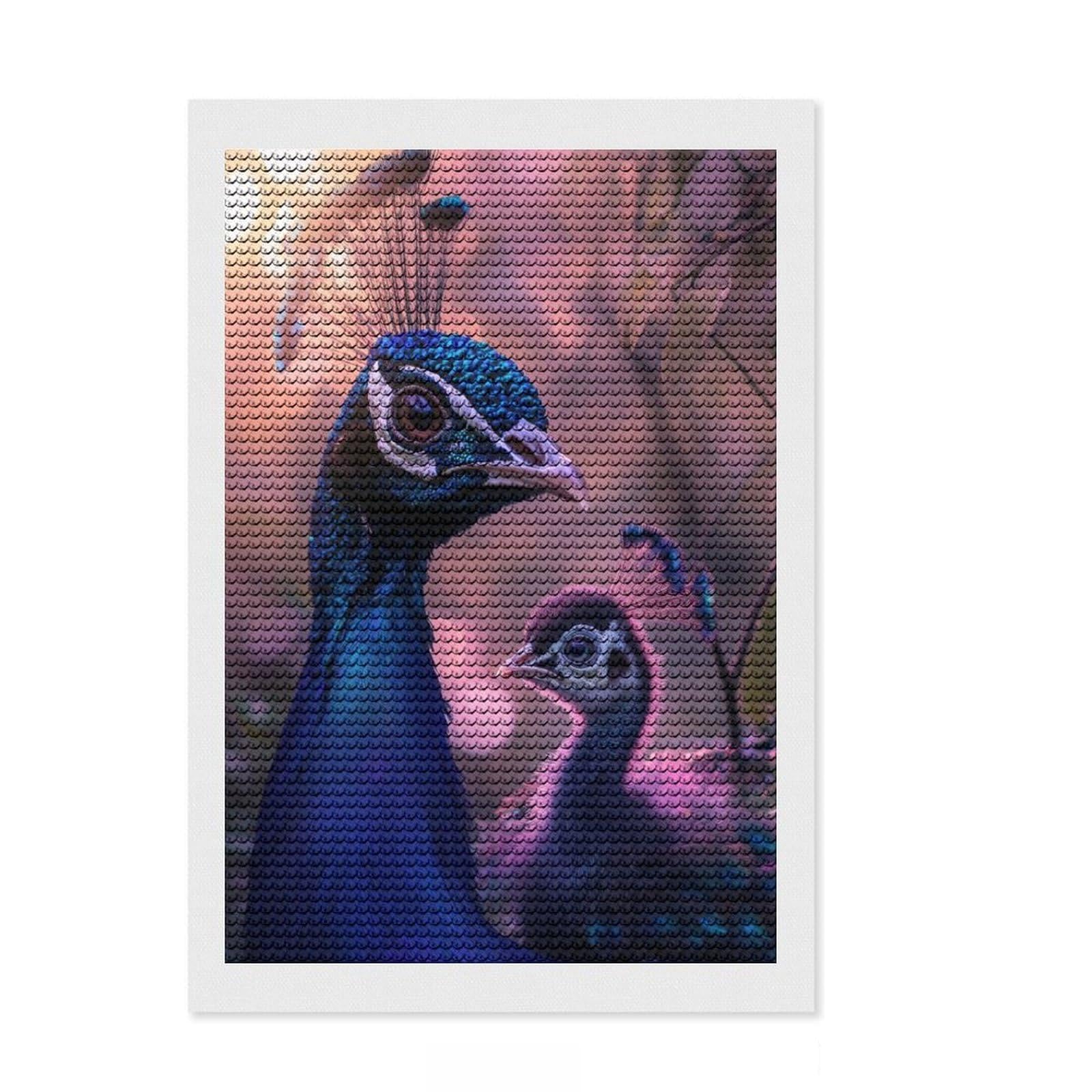 Junmoney Peacock and Chick Diamond Art Canvas 8"x12", for Creative Relaxation, Easy Handmade Project, Office Decor, Christmas Gift