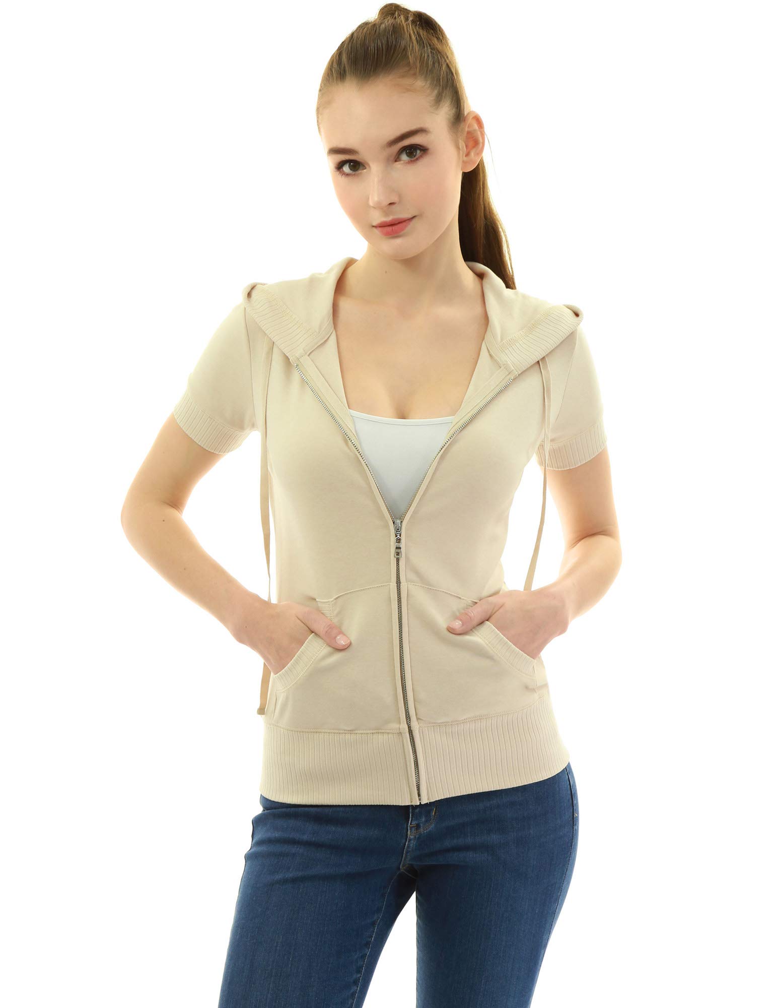 Amélieboutik Women's Beige Hoodie Zip Up Short Sleeve Jacket ( X-Small 8)