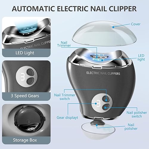 Miniatura 4 de Electric Nail Clippers for Seniors and Women, LED Light Electric Nail Trimmer Adult with 3 Speeds, Safe Automatic Fingernail Grinder with Storage,